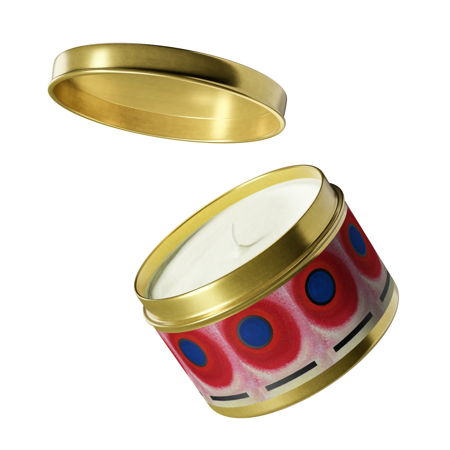a red and blue candle with a gold lid