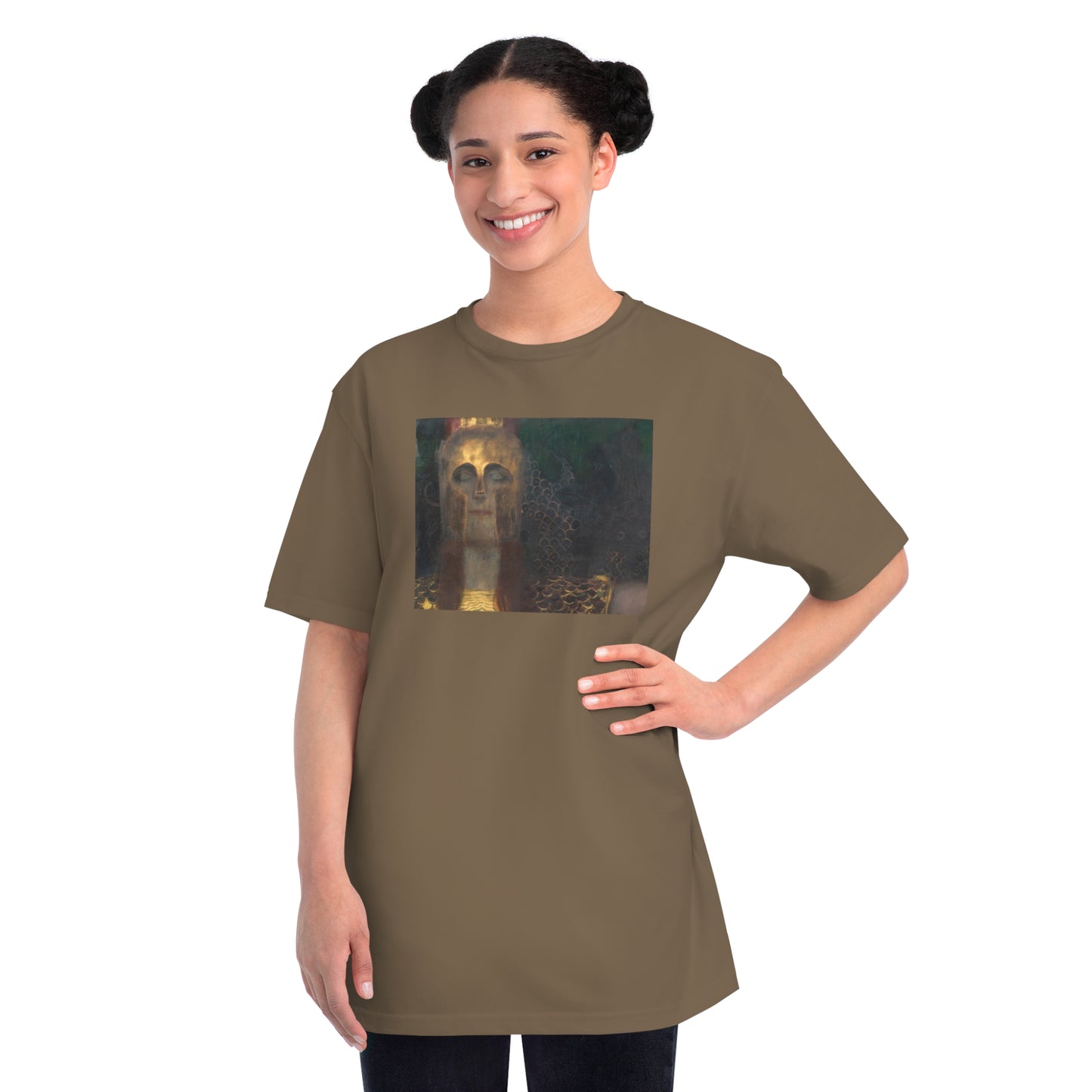 a woman wearing a t - shirt with a picture of a dog on it