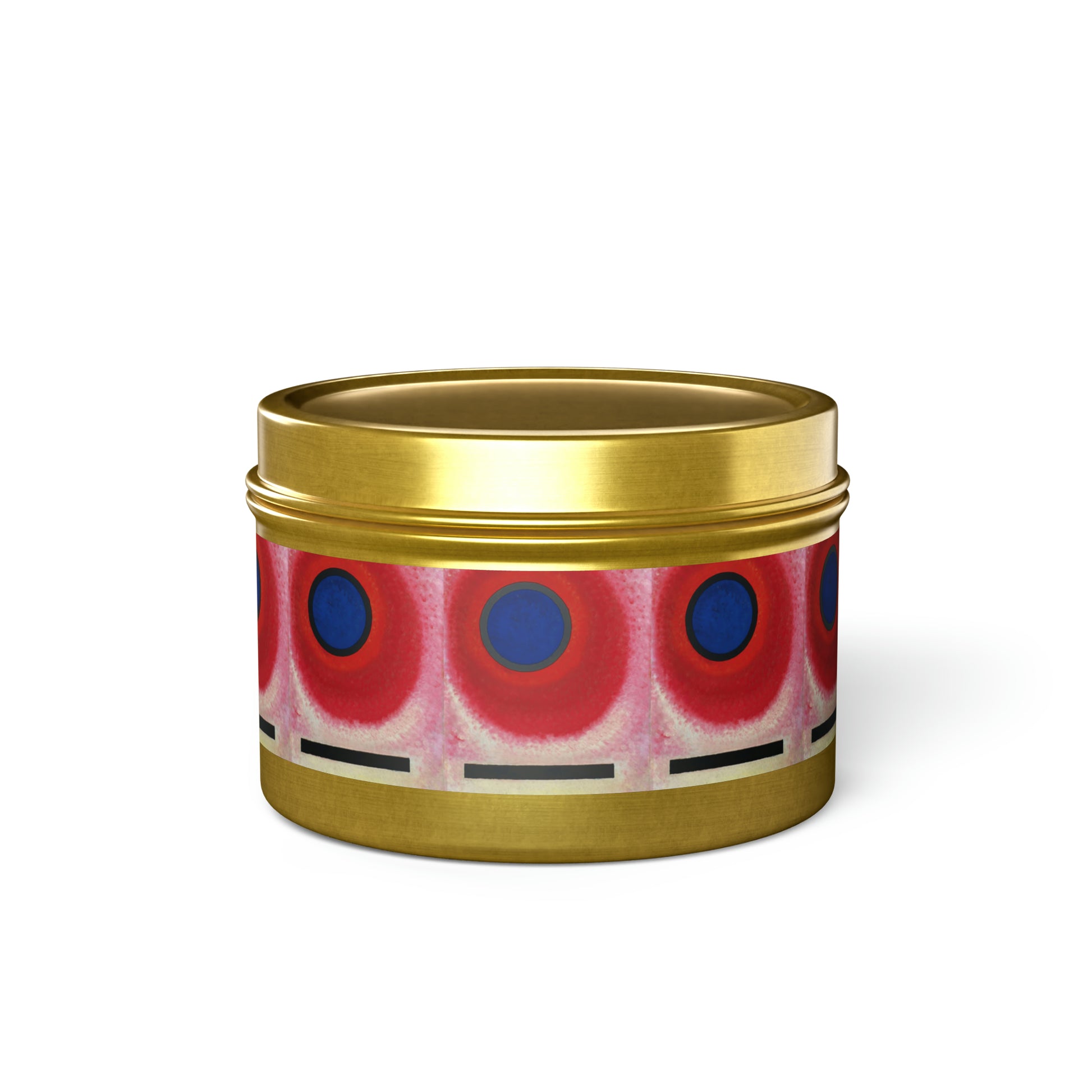 a gold tin with a red and blue design on it
