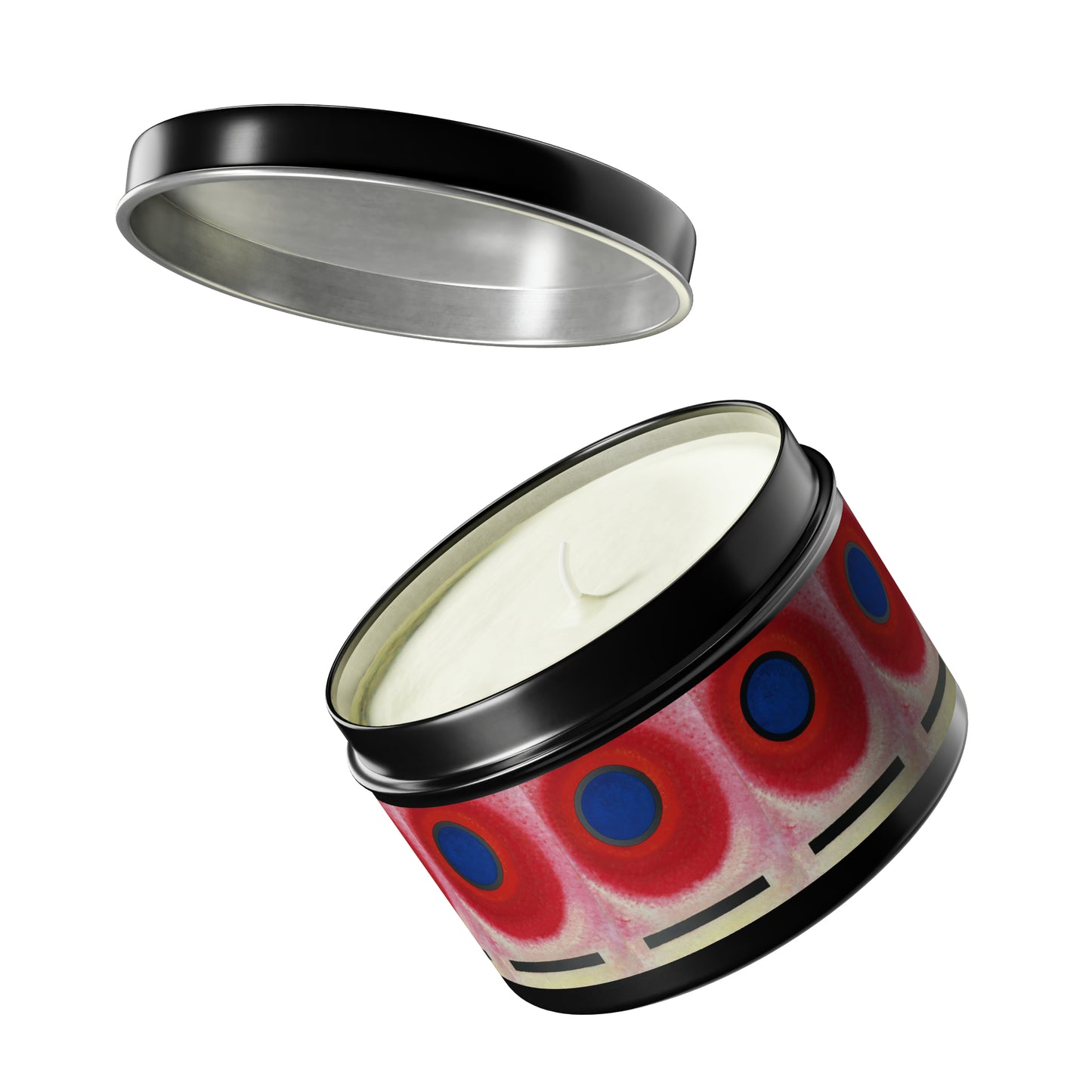 a red and blue tin with a black lid