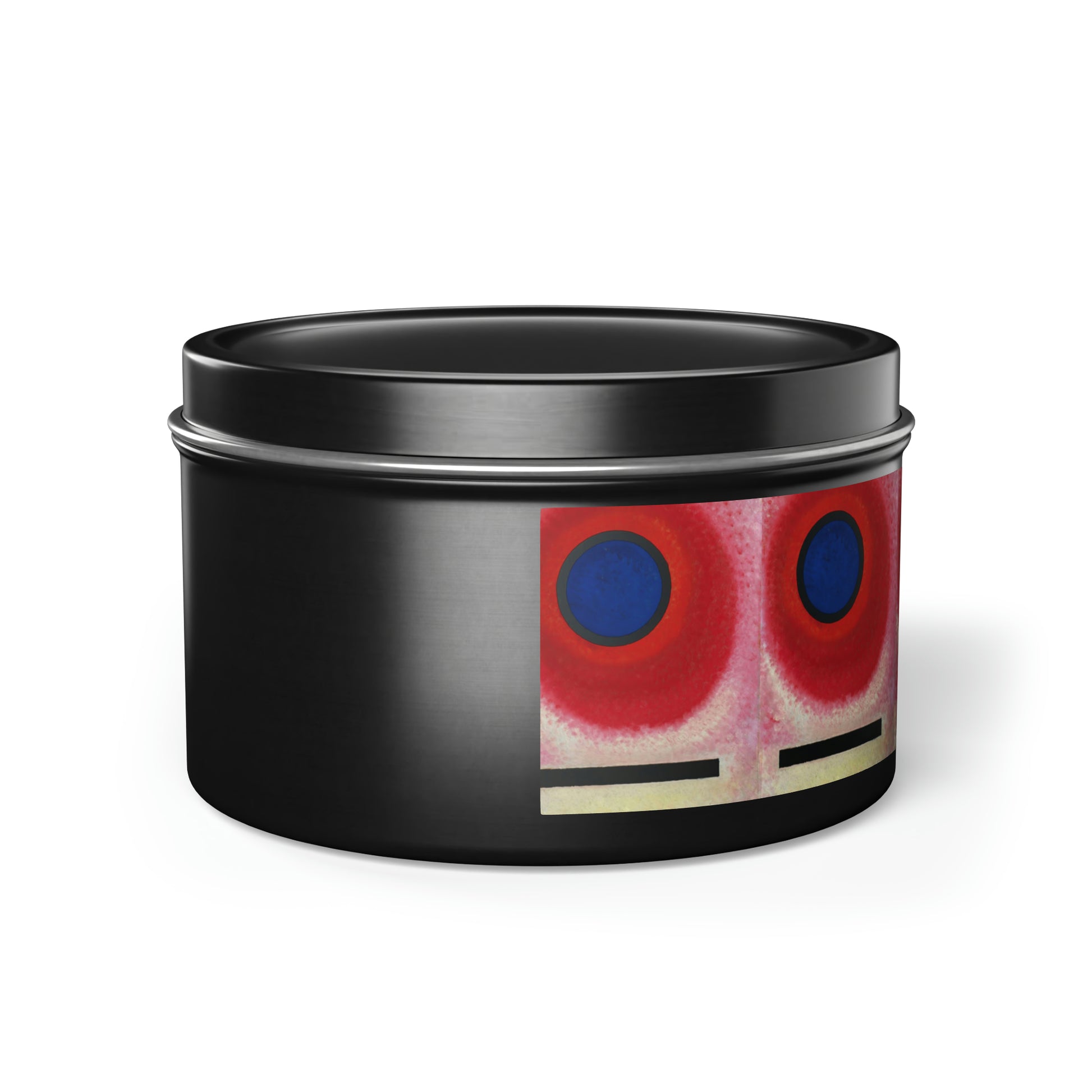 a black container with a red and blue design on it