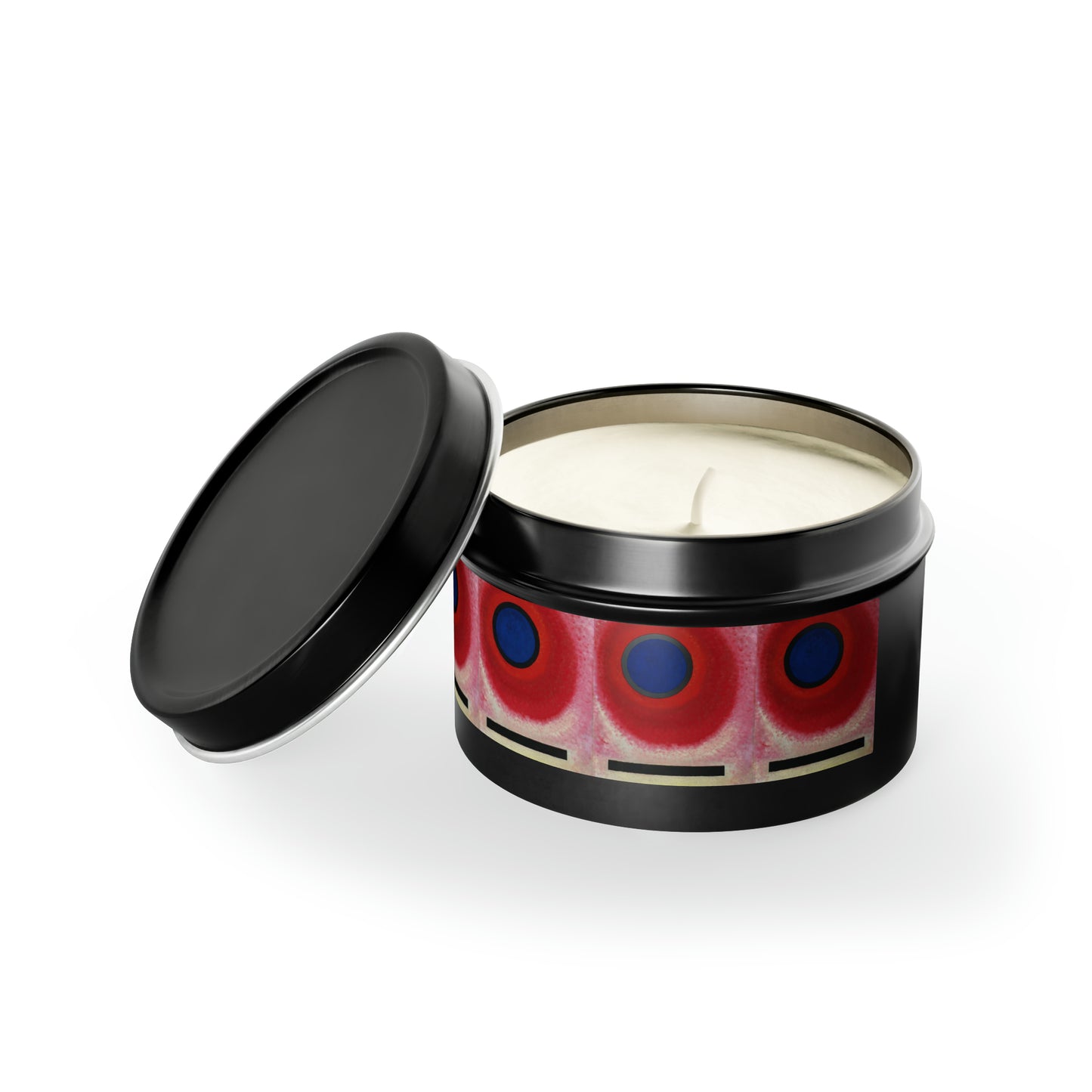 a black tin with a red and blue design on it