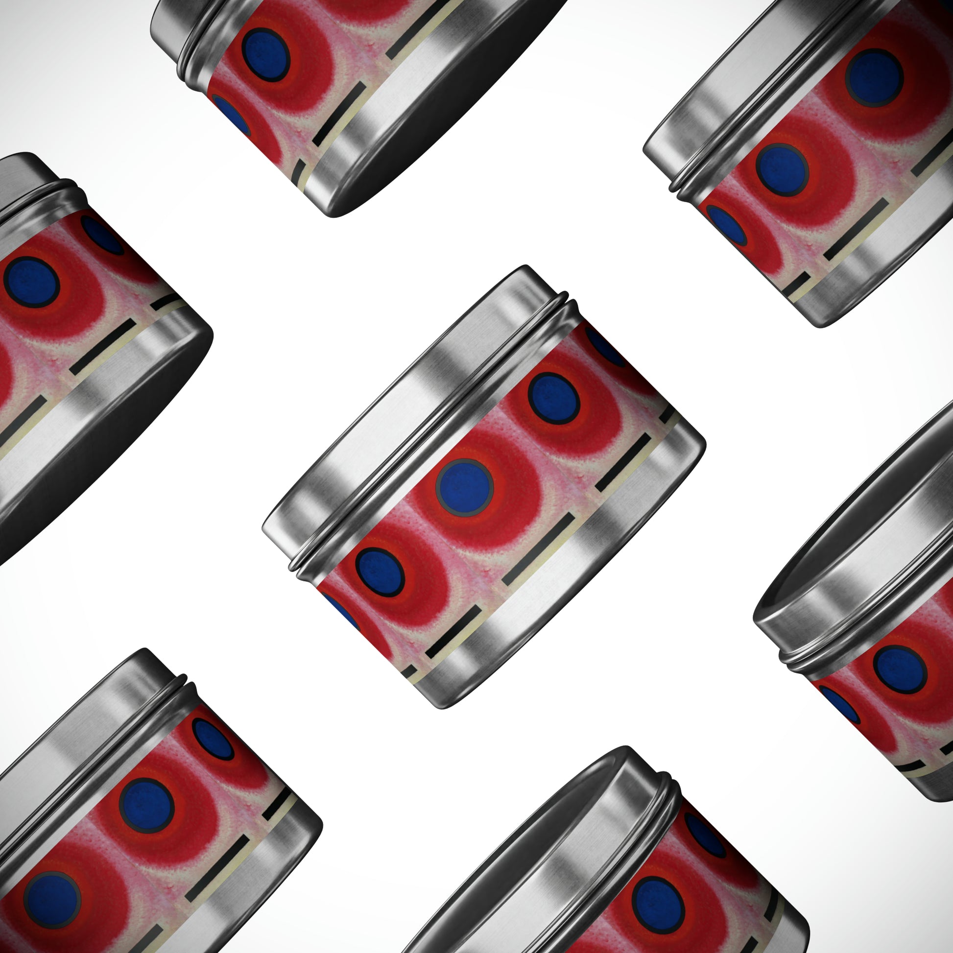 a group of cans with red and blue circles on them
