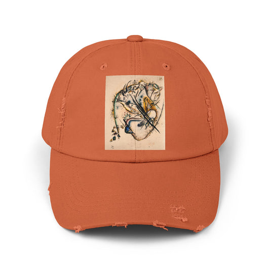 an orange hat with a picture of a bird on it