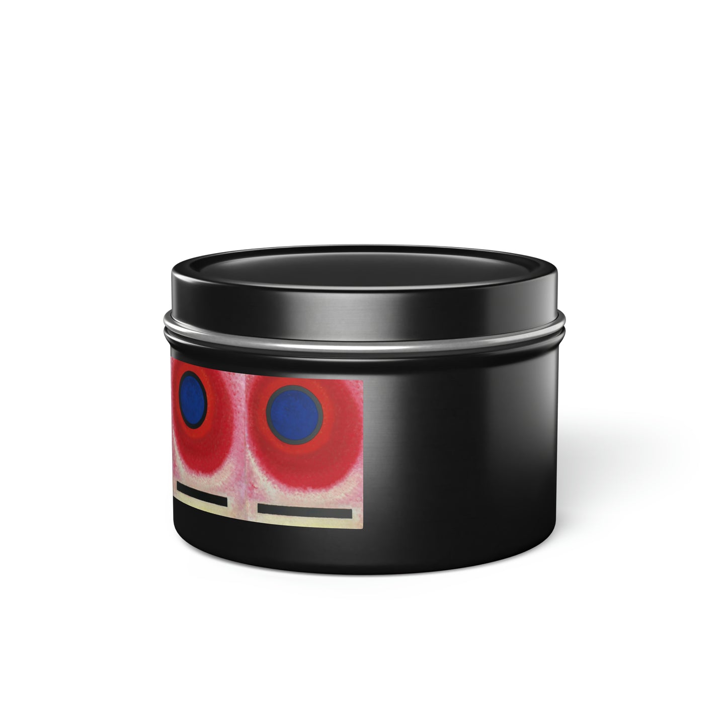 a black container with a red and blue design on it