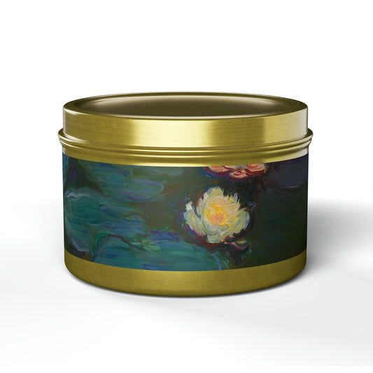 a tin with a painting of a water lily on it