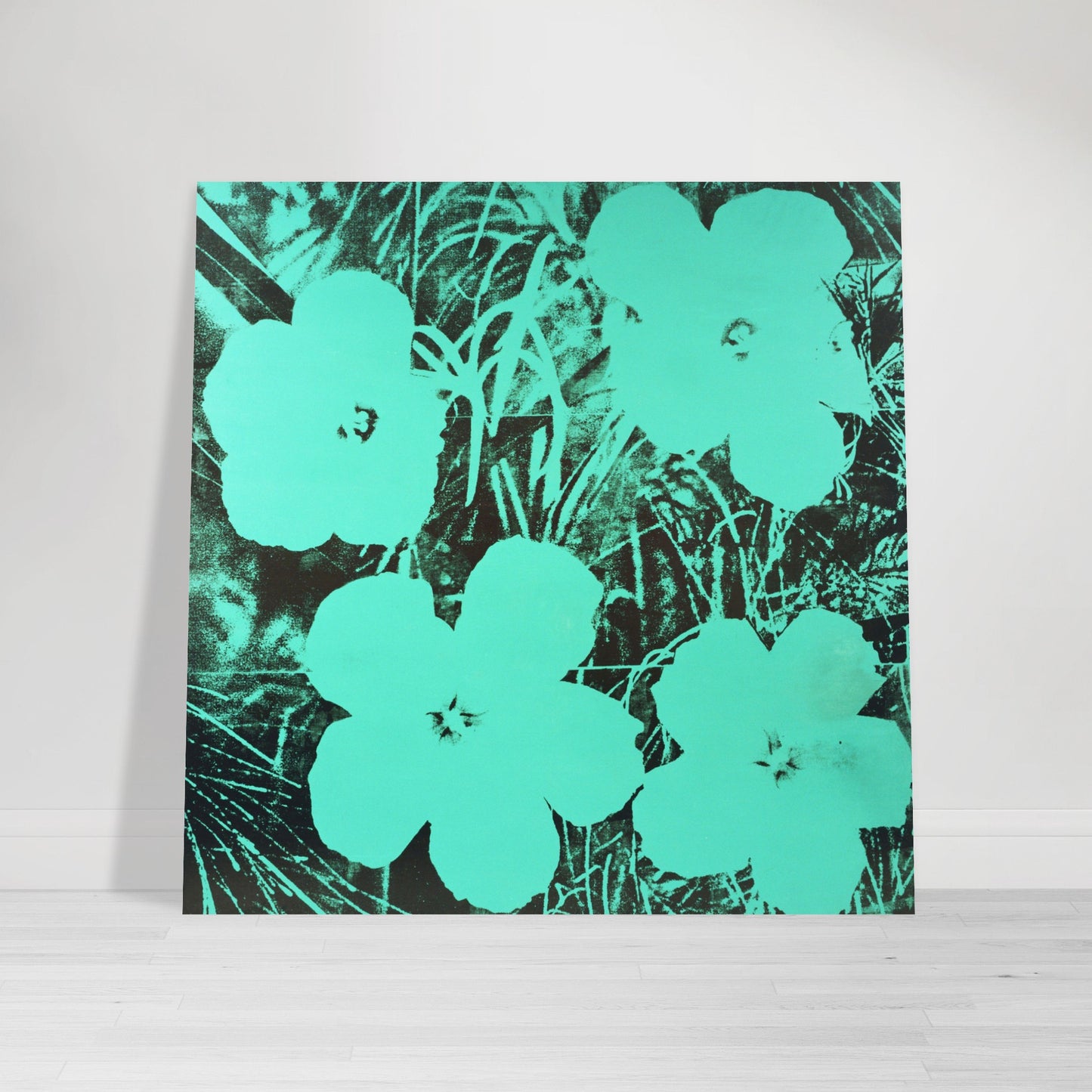 a painting of blue flowers on a white wall