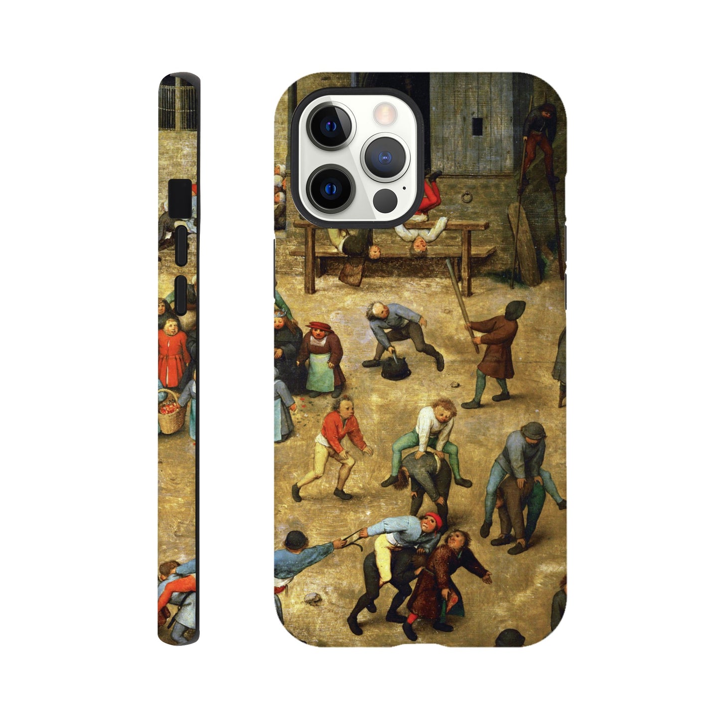 a phone case with a painting of people in a courtyard