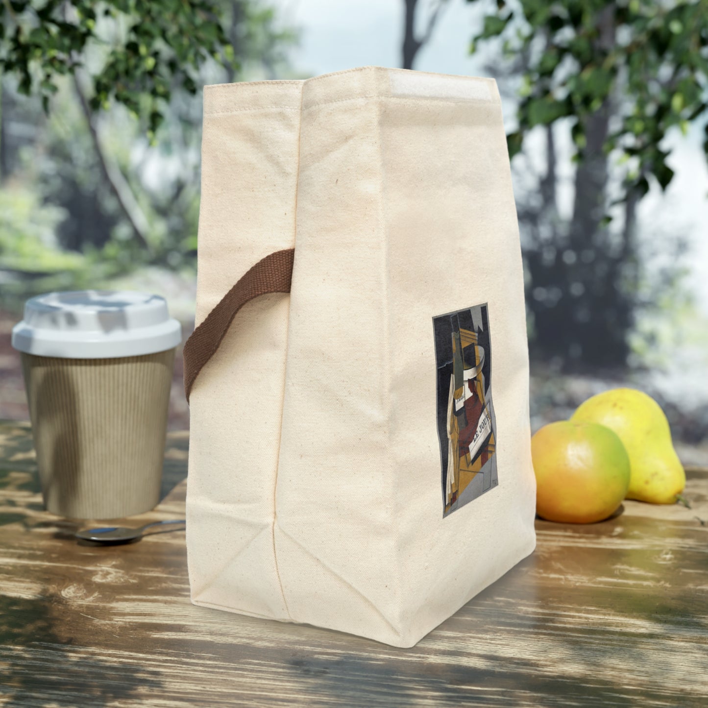 JUAN GRIS - BOTTLE, NEWSPAPER AND FRUIT BOWL - COTTON CANVAS LUNCH BAG WITH STRAP