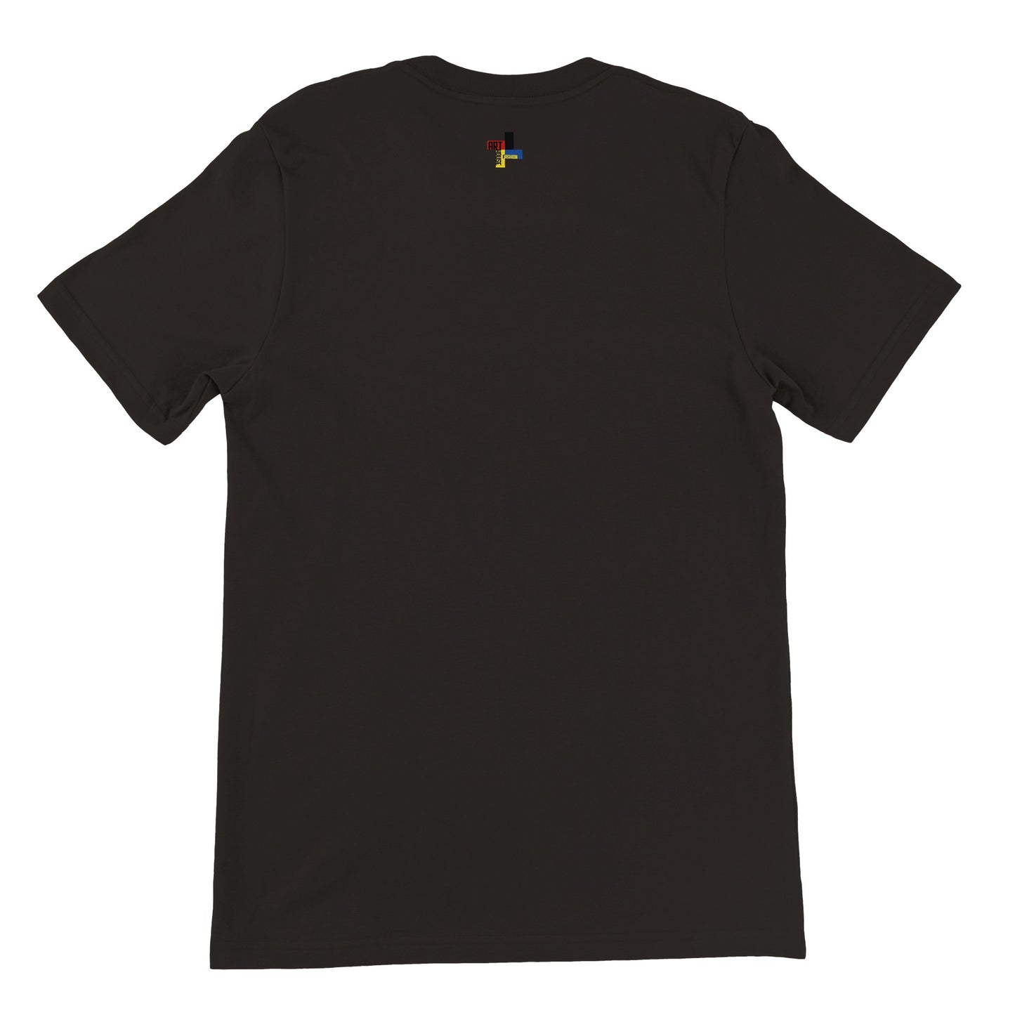 a black t - shirt with a rainbow logo on the chest