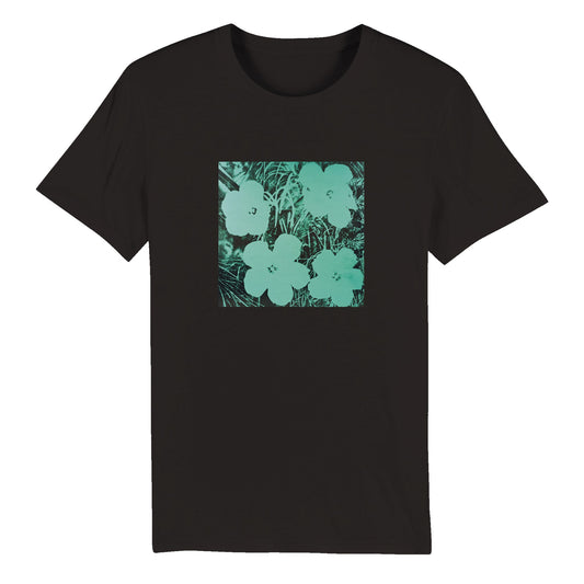 a black t - shirt with green flowers on it