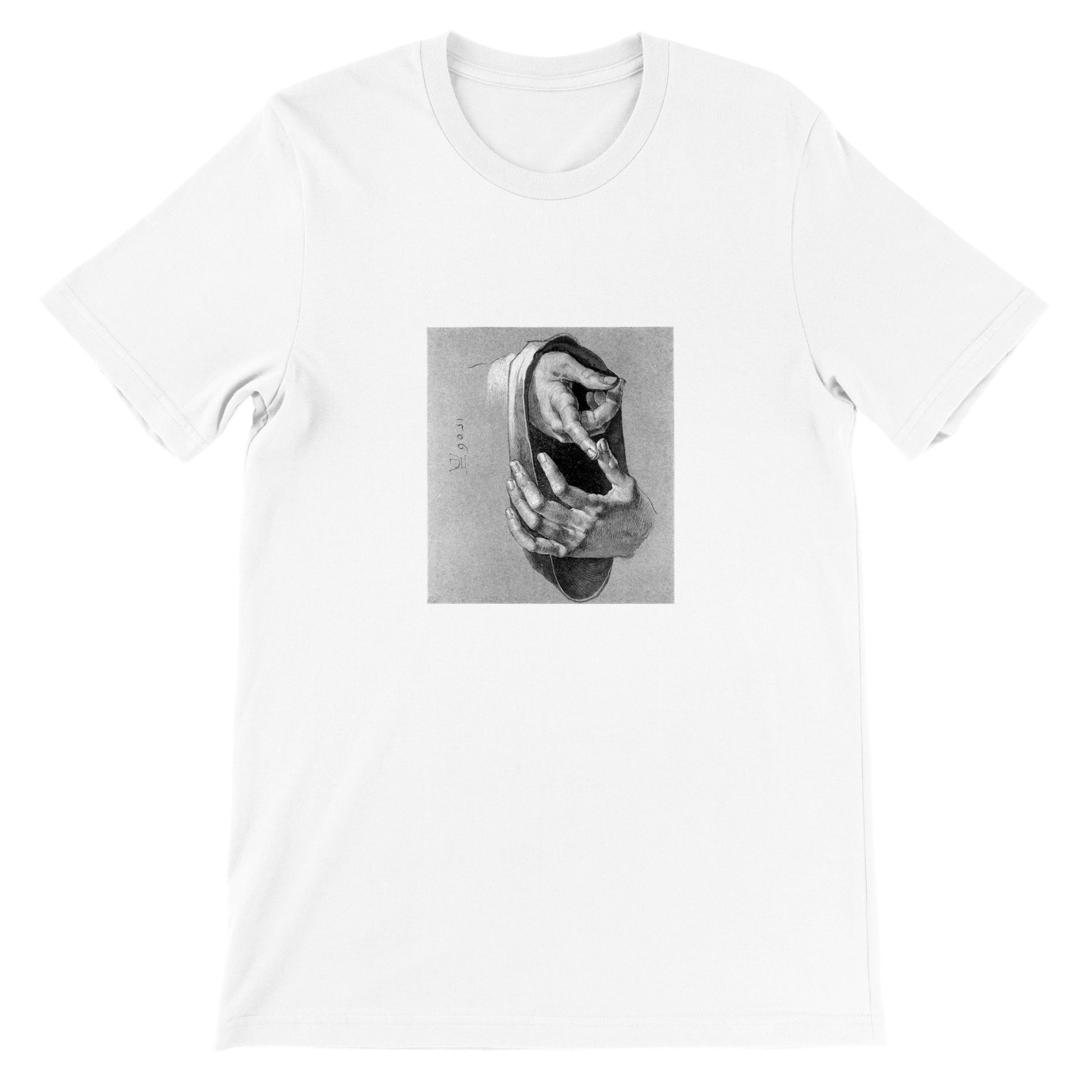a white t - shirt with a black and white photo of a hand 