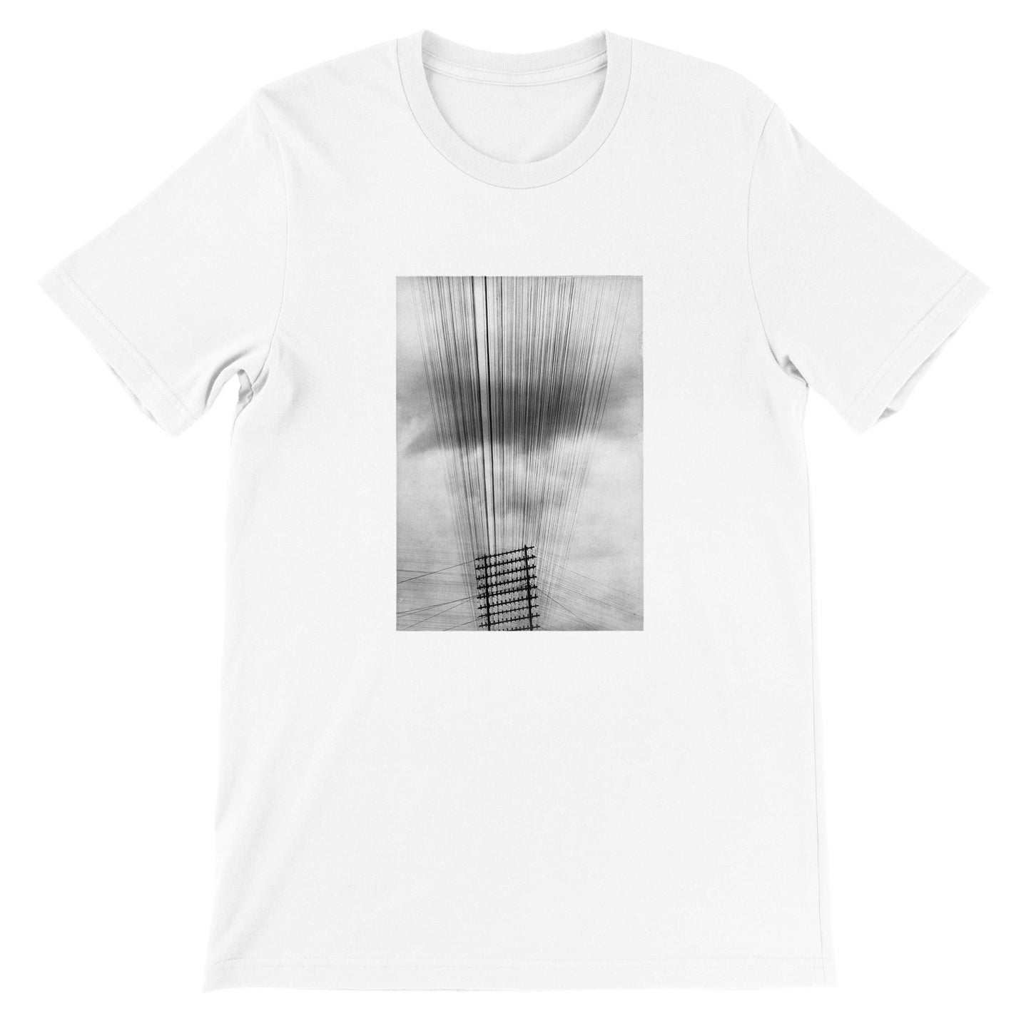 a white t - shirt with a black and white photo of a ladder