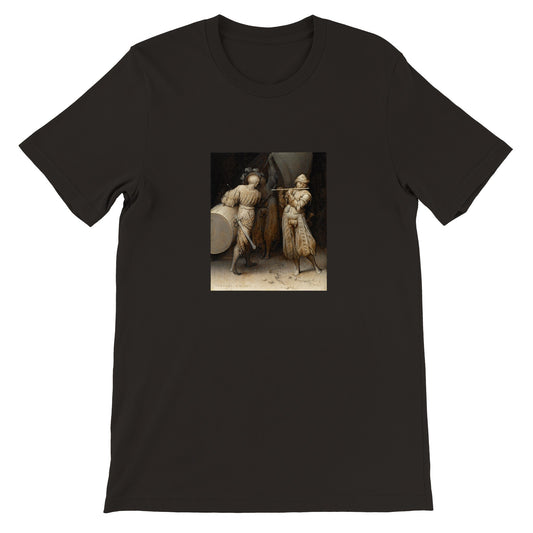 a black t - shirt with a picture of two women sitting next to each other