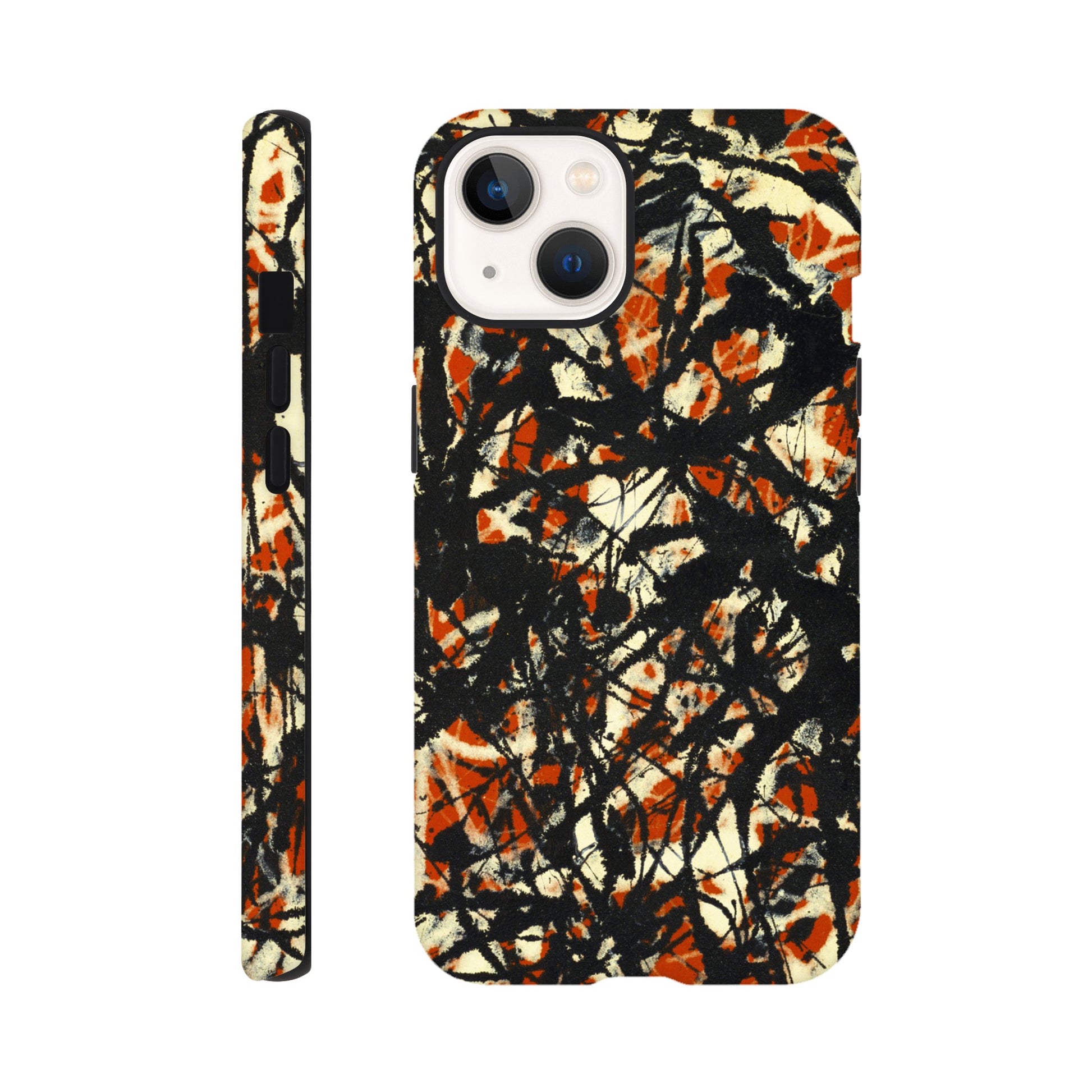 a phone case with an orange and black painting on it