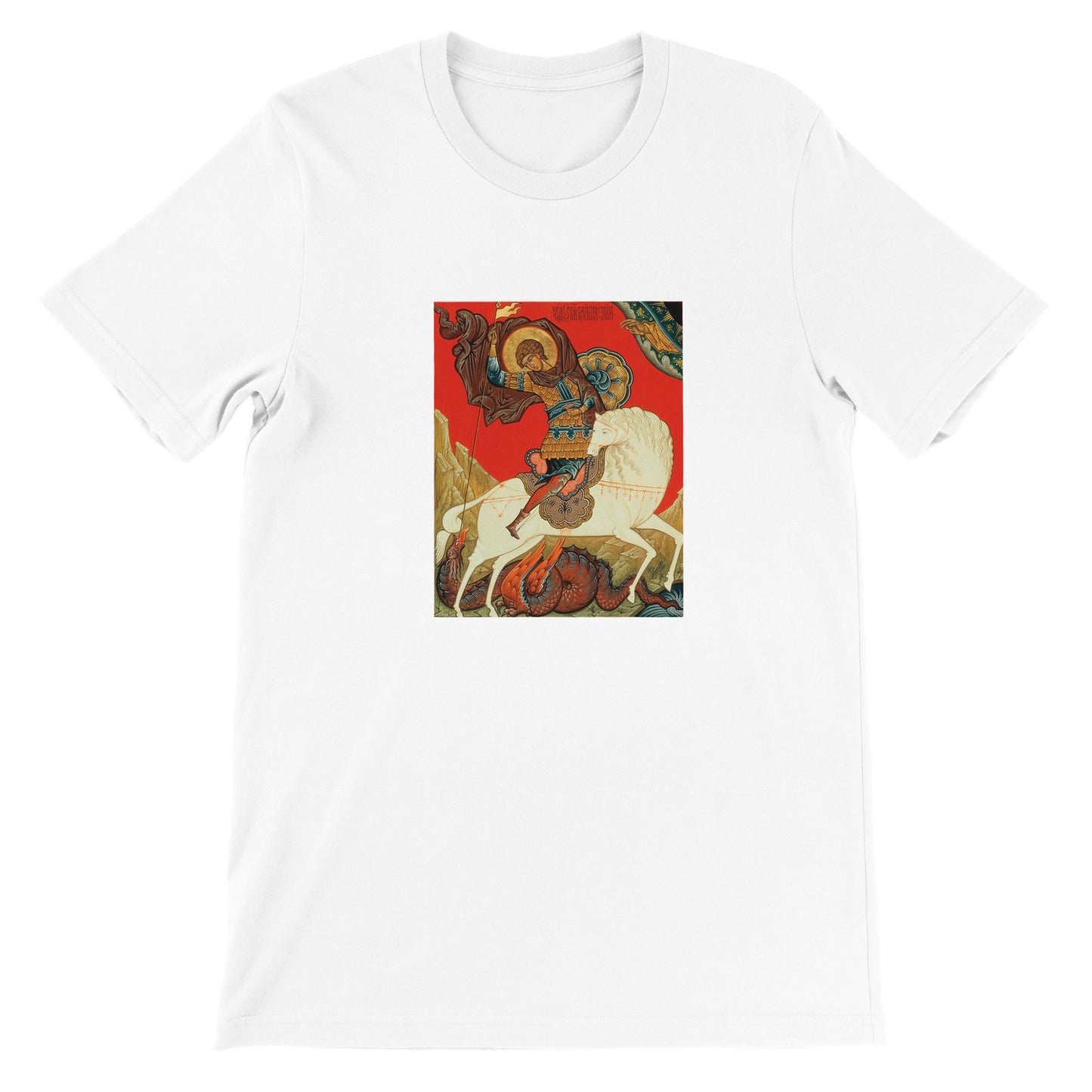 a white t - shirt with a painting of a man on a horse