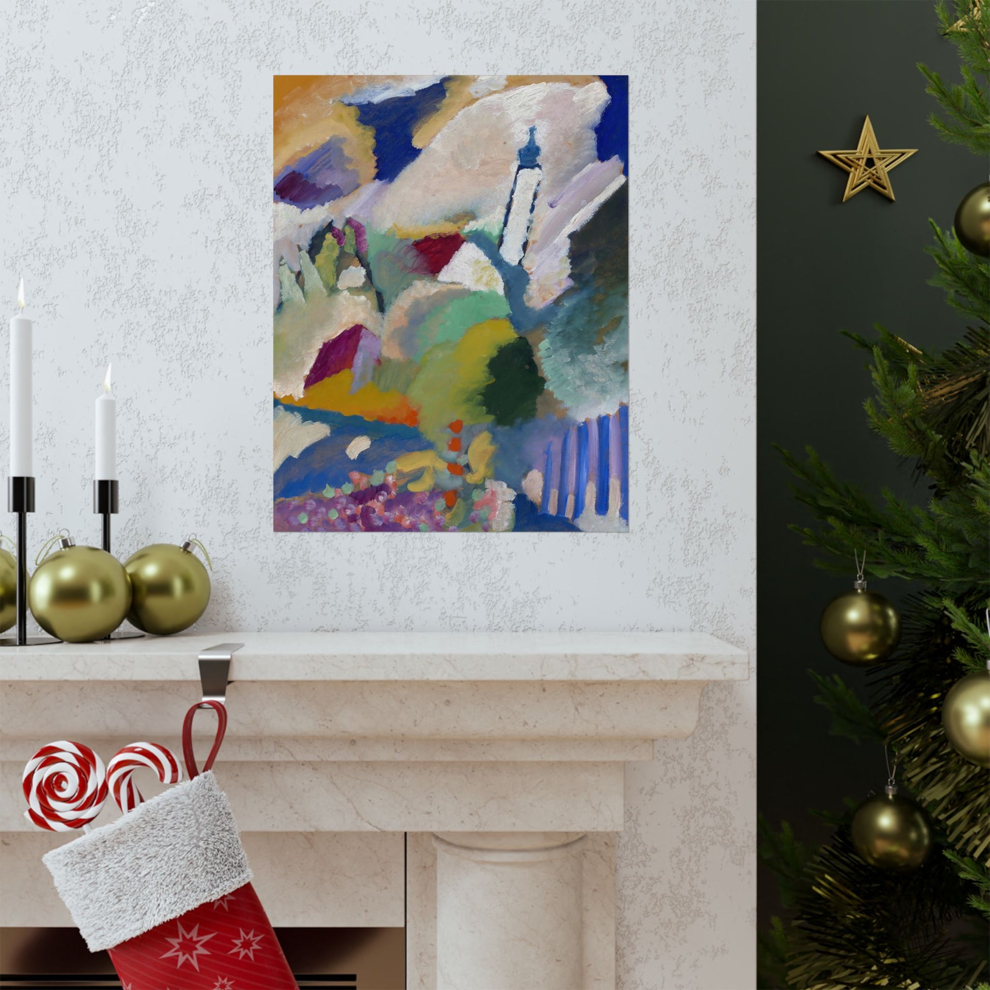 a decorated christmas tree next to a fireplace