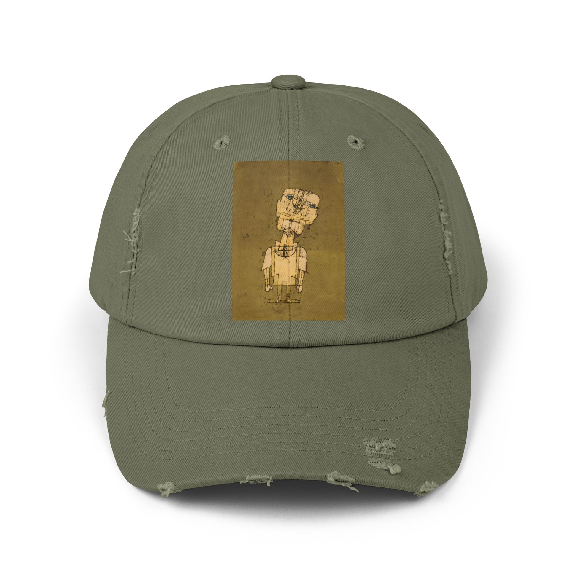 a green baseball cap with a picture of a man on it