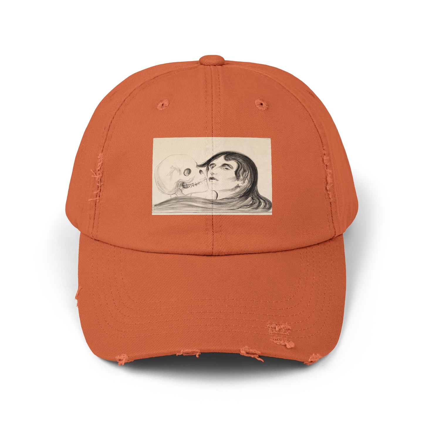 a baseball cap with a drawing of a woman's face on it