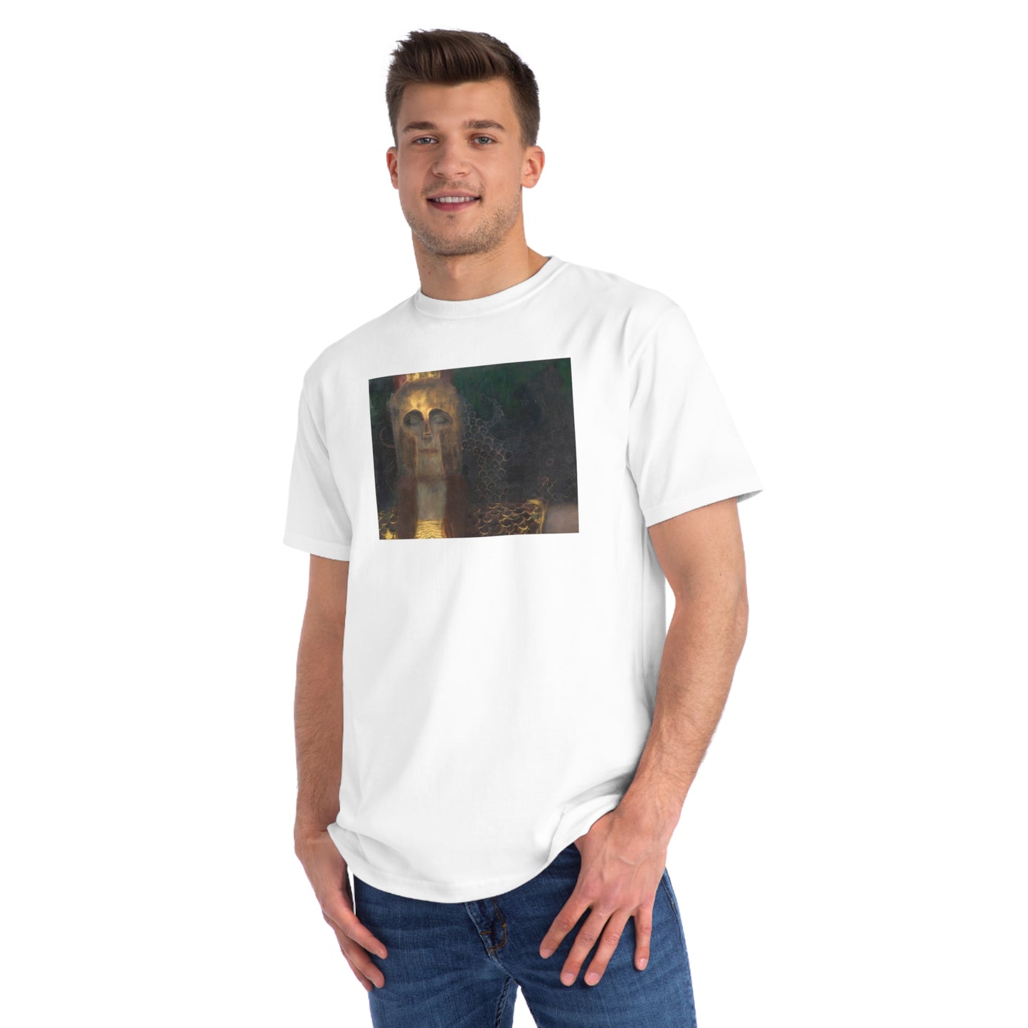 a man wearing a white t - shirt with a picture of a dog on it