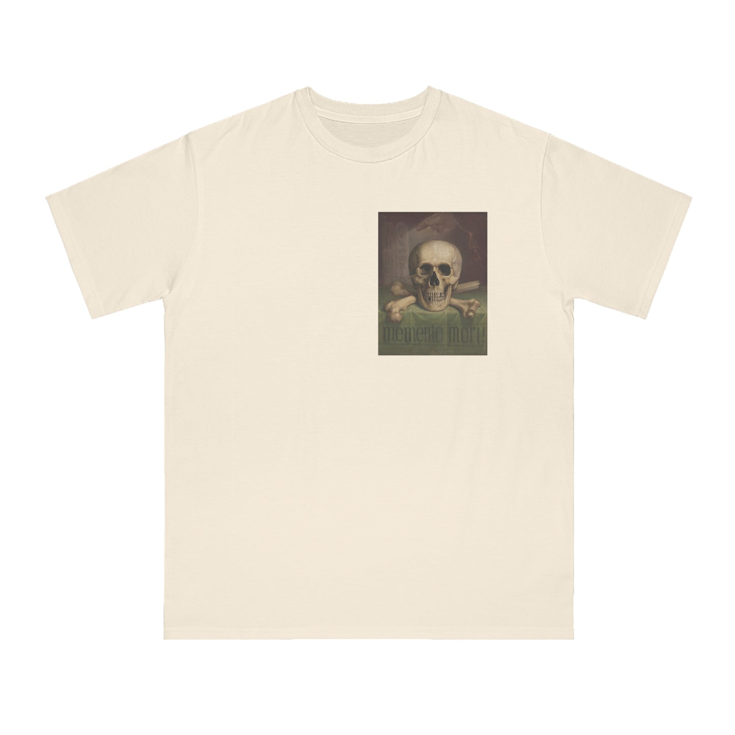 a white t - shirt with a picture of a skeleton