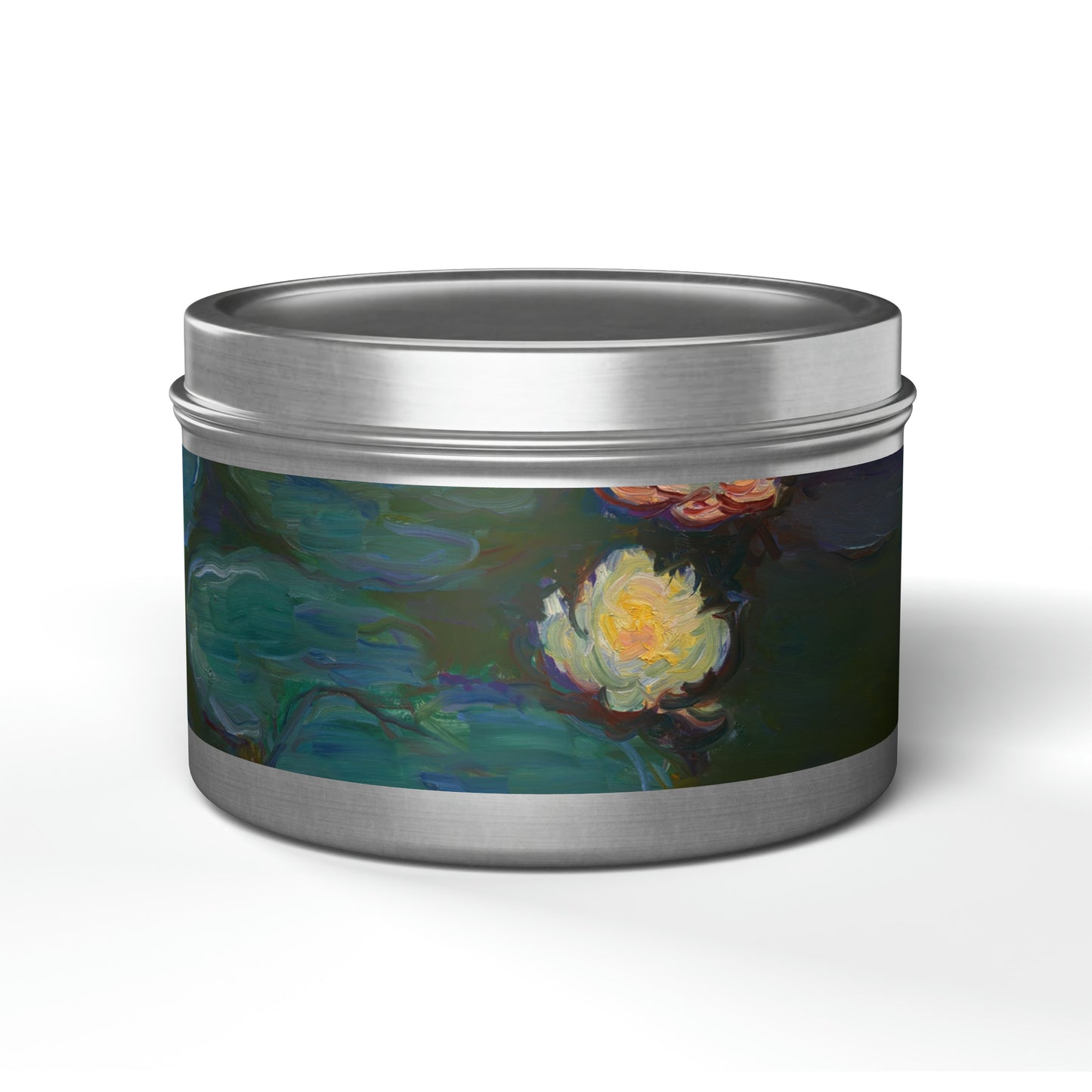a tin can with a painting of a water lily