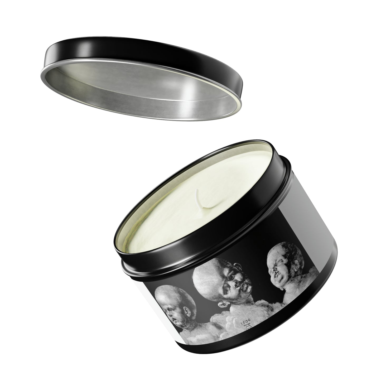 a black and white photo of a candle in a tin