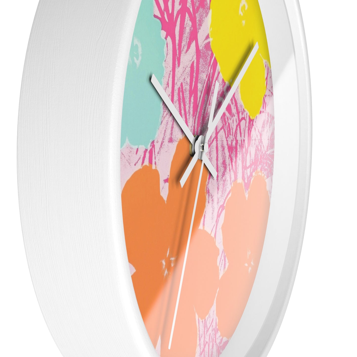 a white clock with a colorful design on it