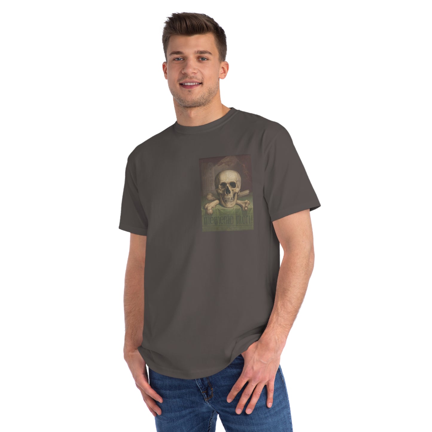 a man wearing a t - shirt with a picture of a skull on it