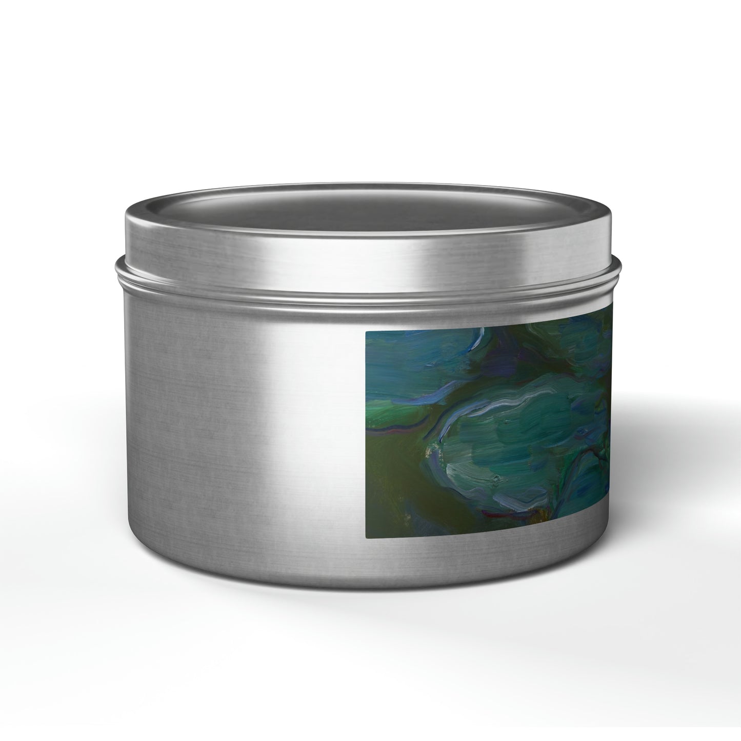 a tin with a picture of a blue and green painting on it