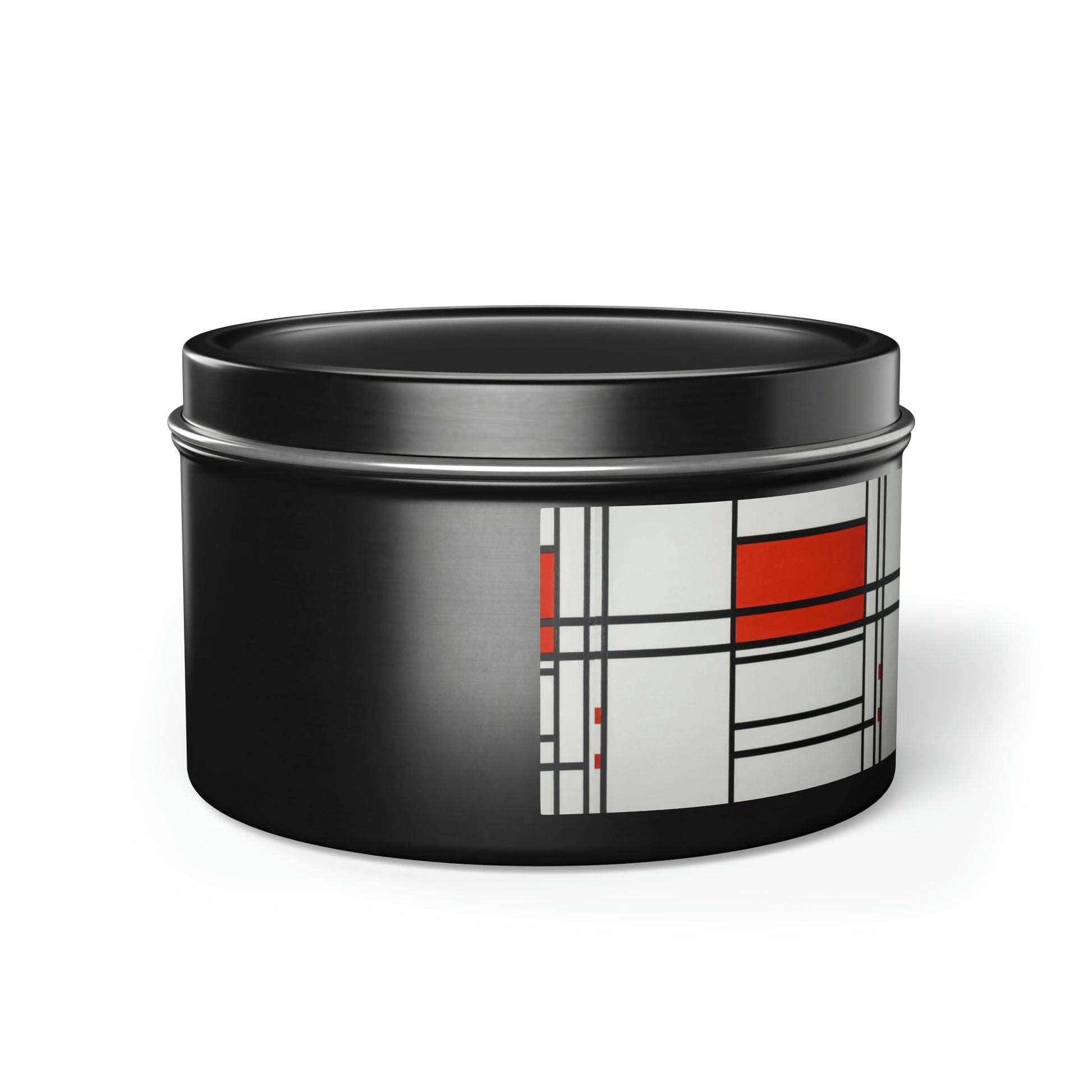 a black container with a red and white design on it