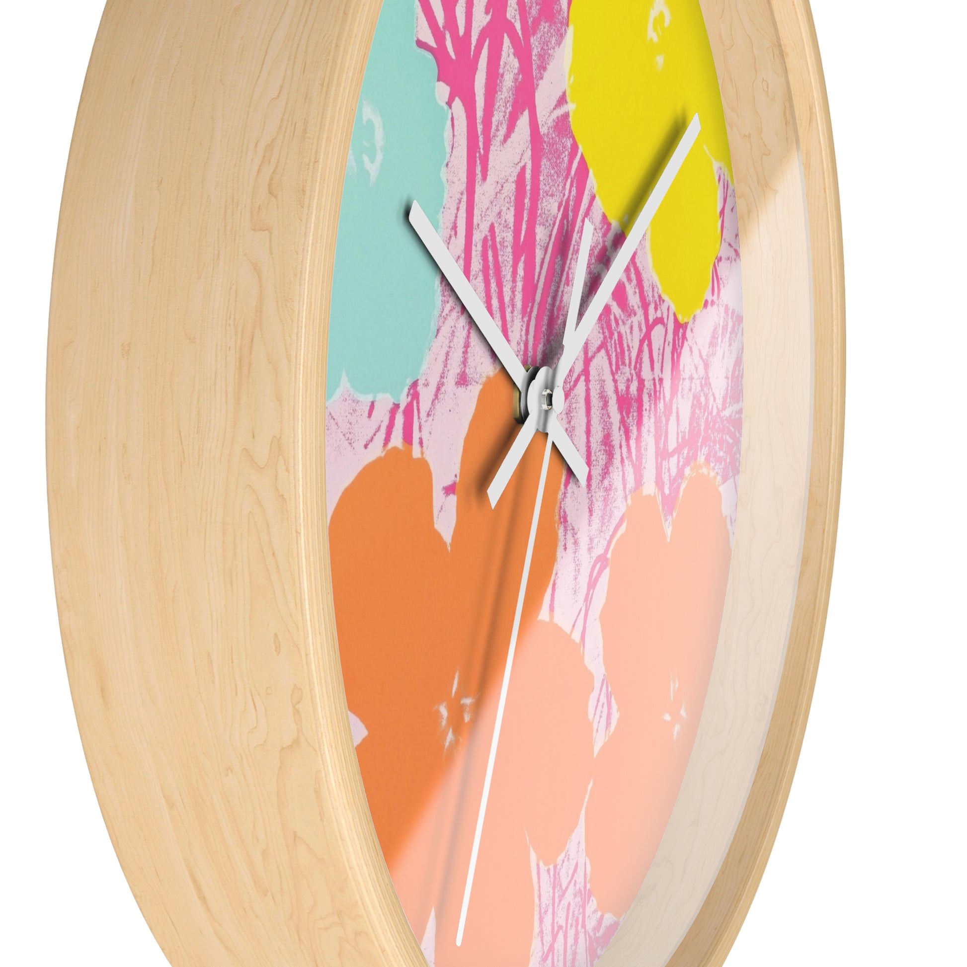 a wooden clock with a colorful design on it