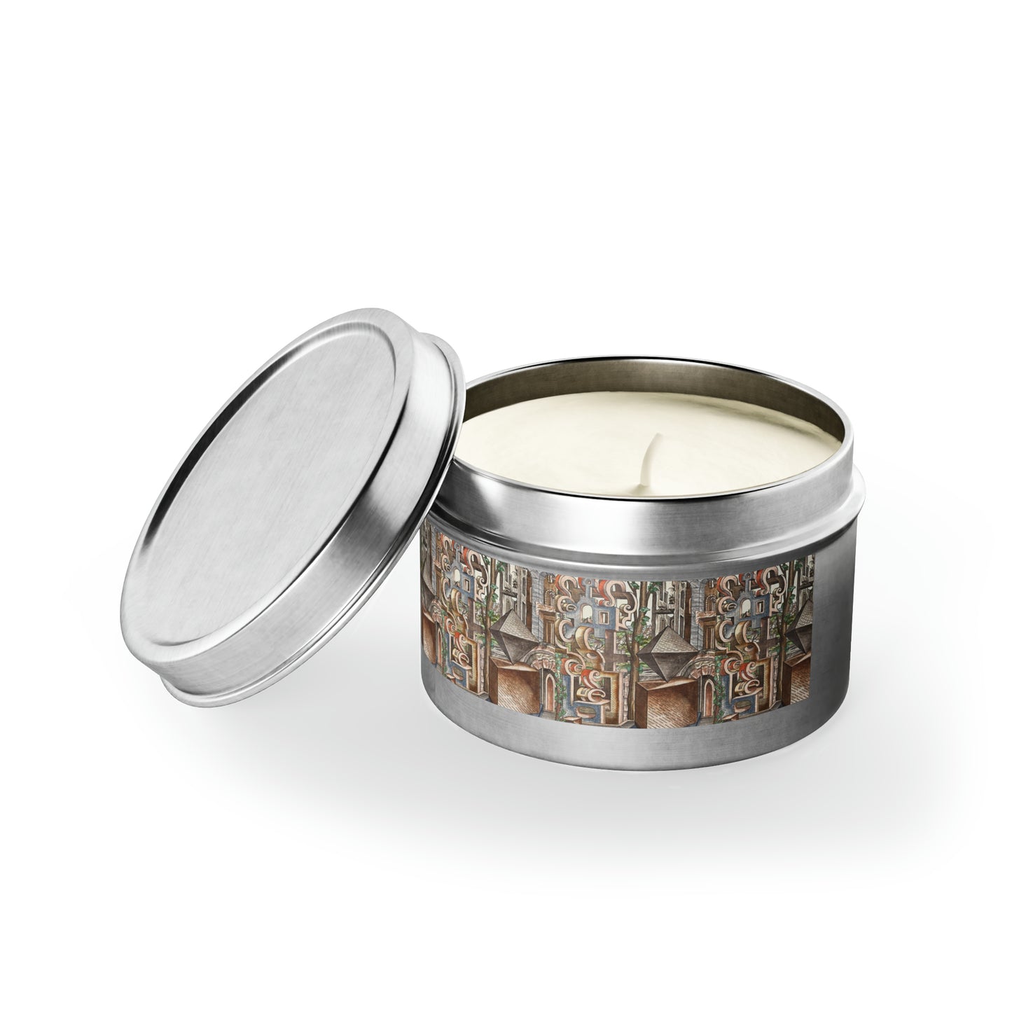 a tin with a candle inside of it