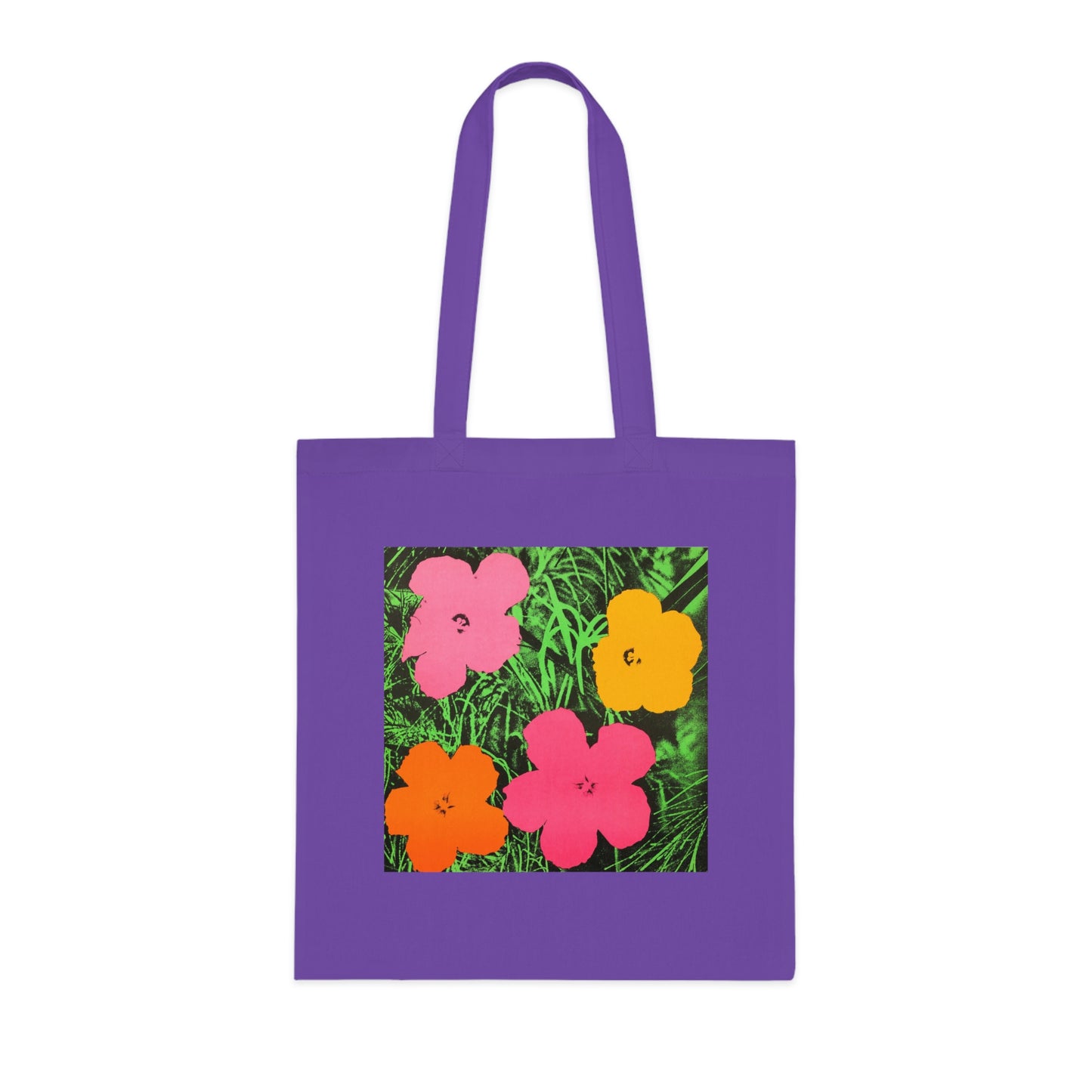 a purple tote bag with colorful flowers on it