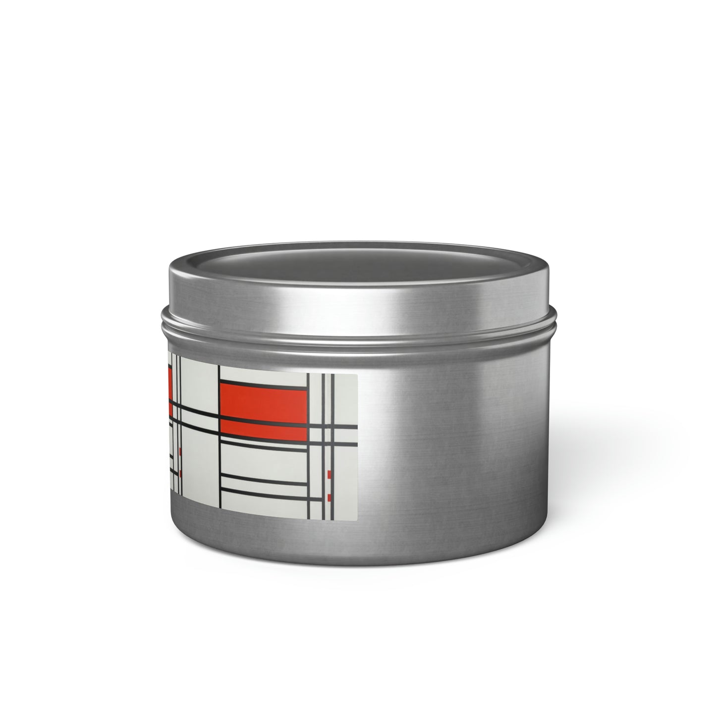 a metal container with a red and white design on it