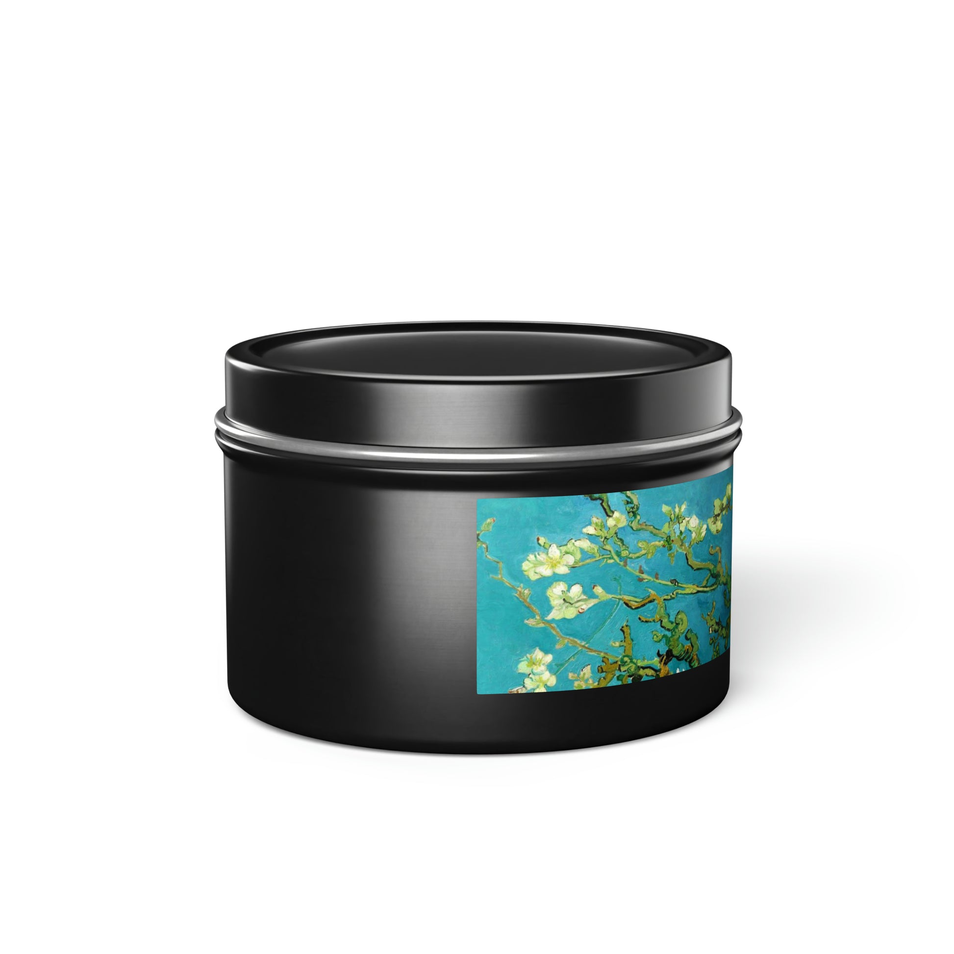 a black container with a picture of a flower on it