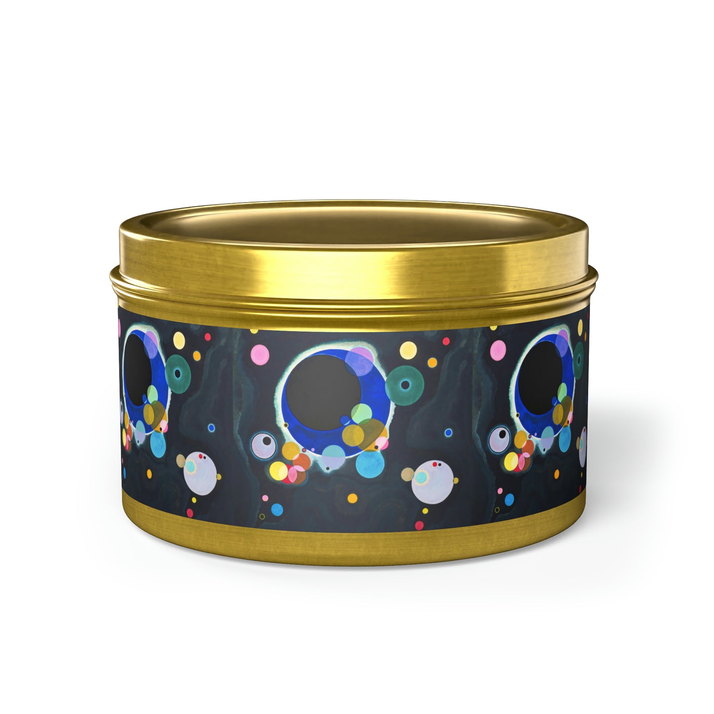 a black and gold tin with a colorful design on it
