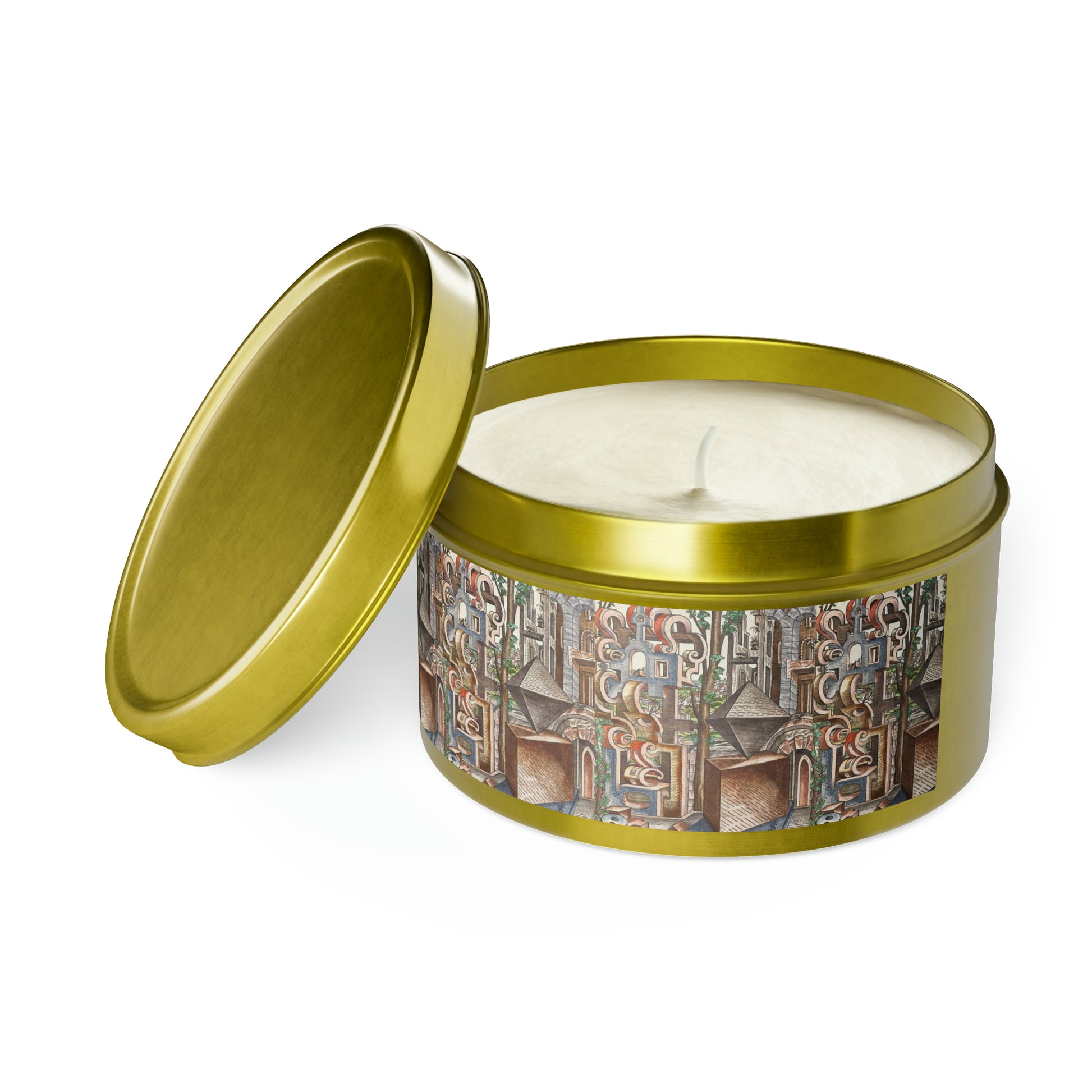 a candle that is inside of a tin