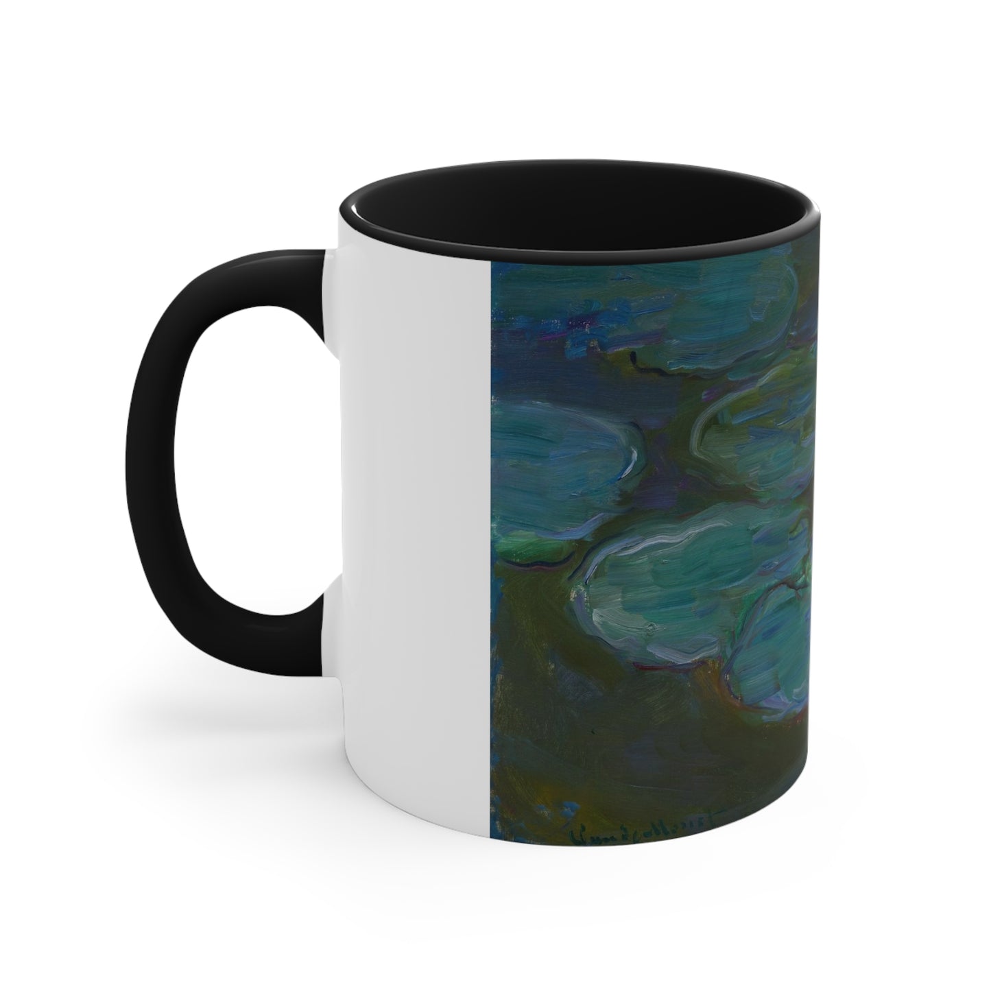 a black and white coffee mug with a painting on it