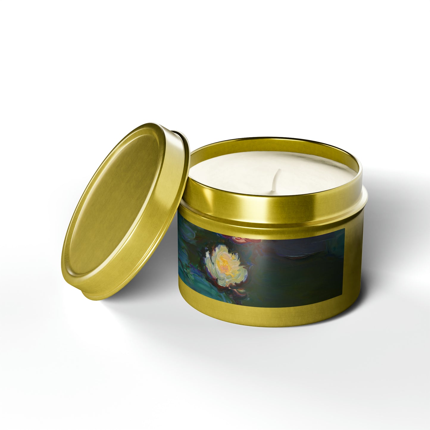 a yellow tin with a white flower inside of it