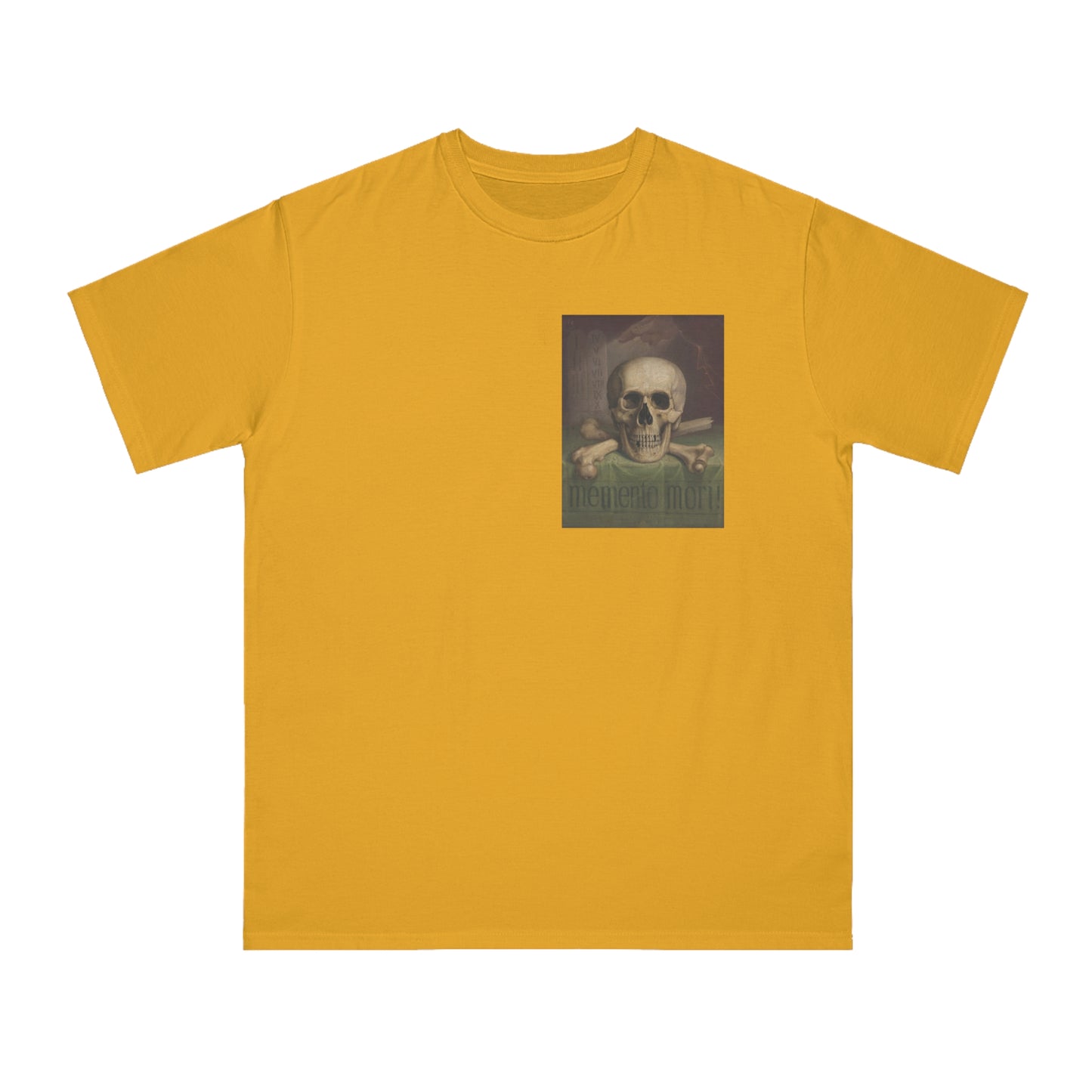 a yellow t - shirt with a picture of a skeleton