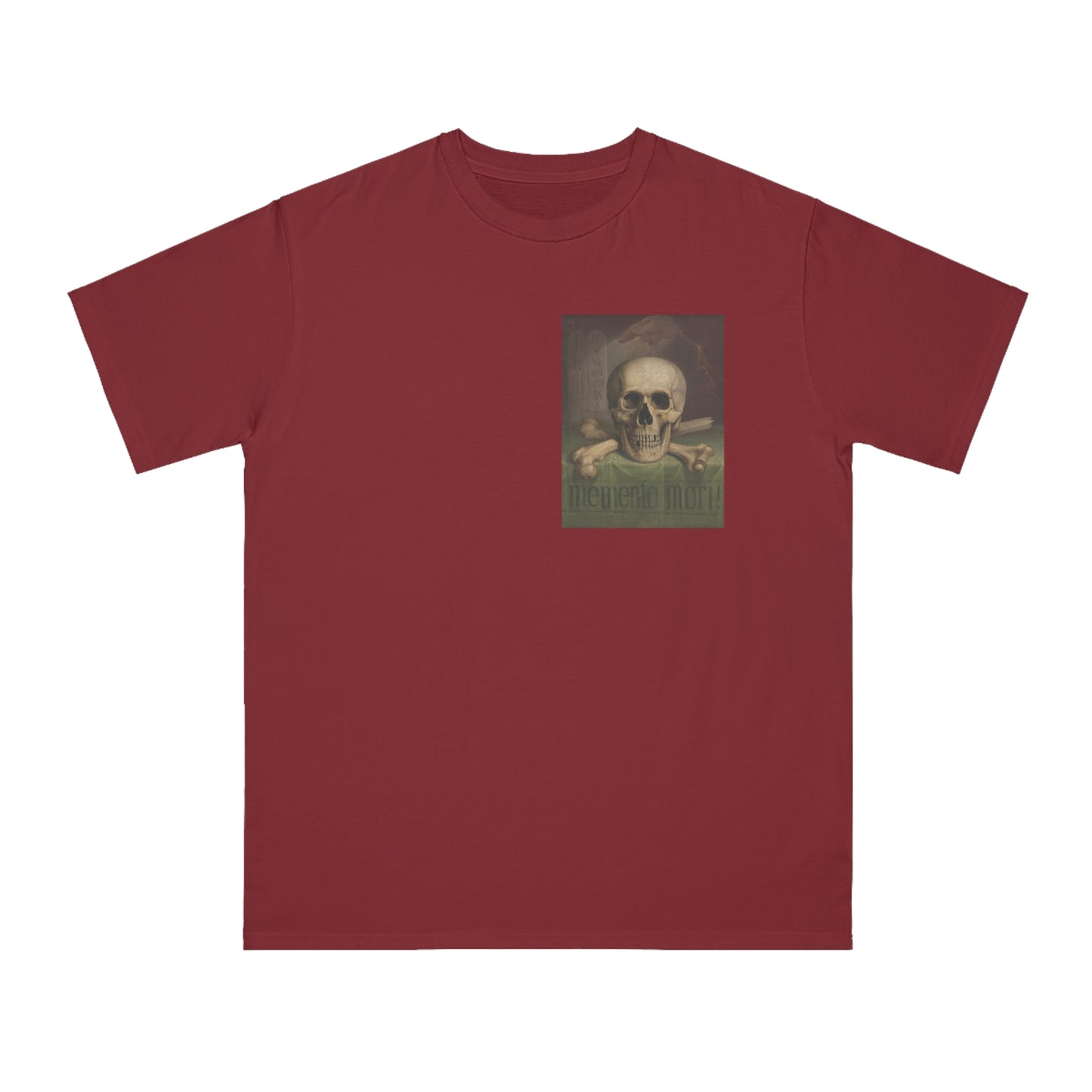 a red t - shirt with a picture of a skeleton