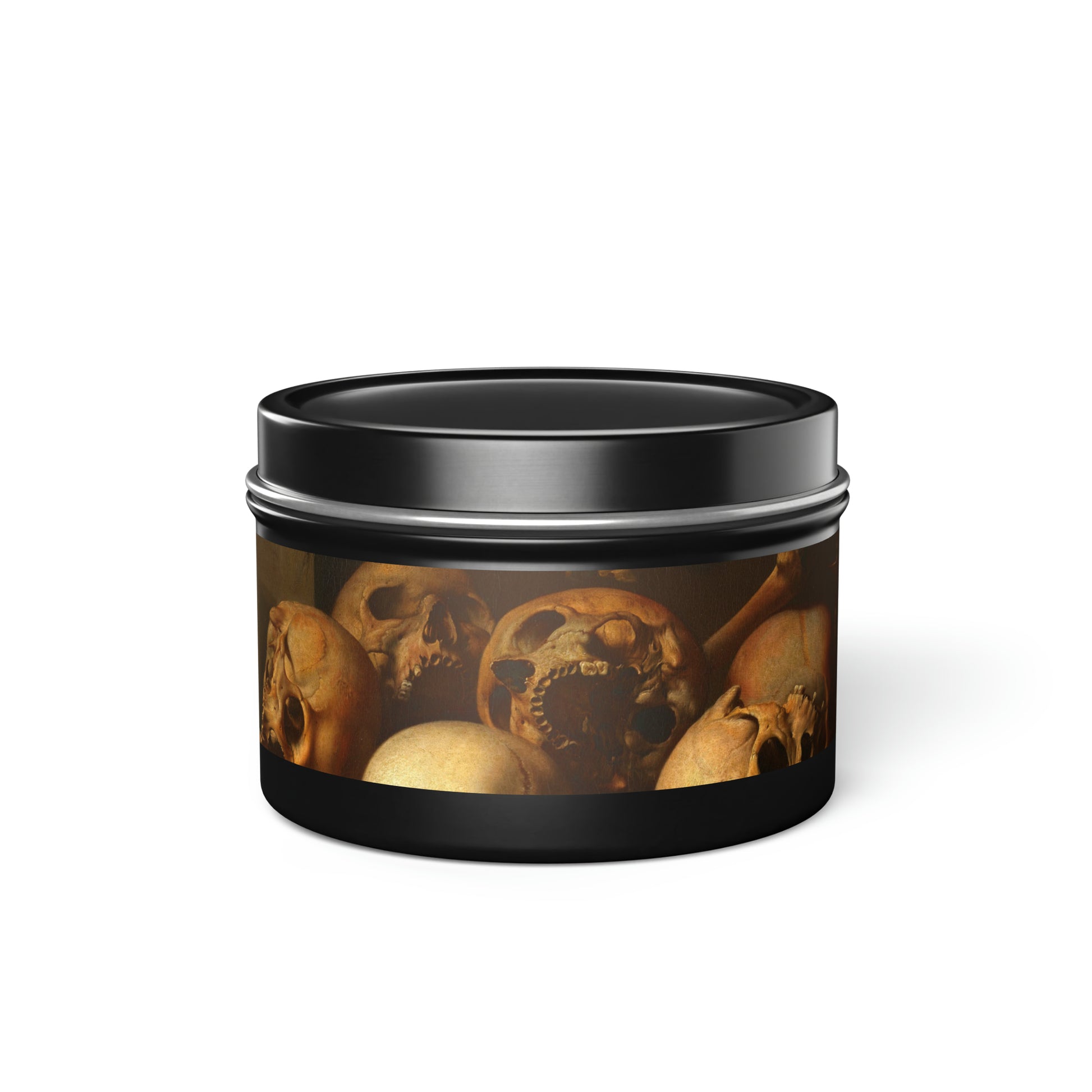 a tin with a picture of skulls inside of it