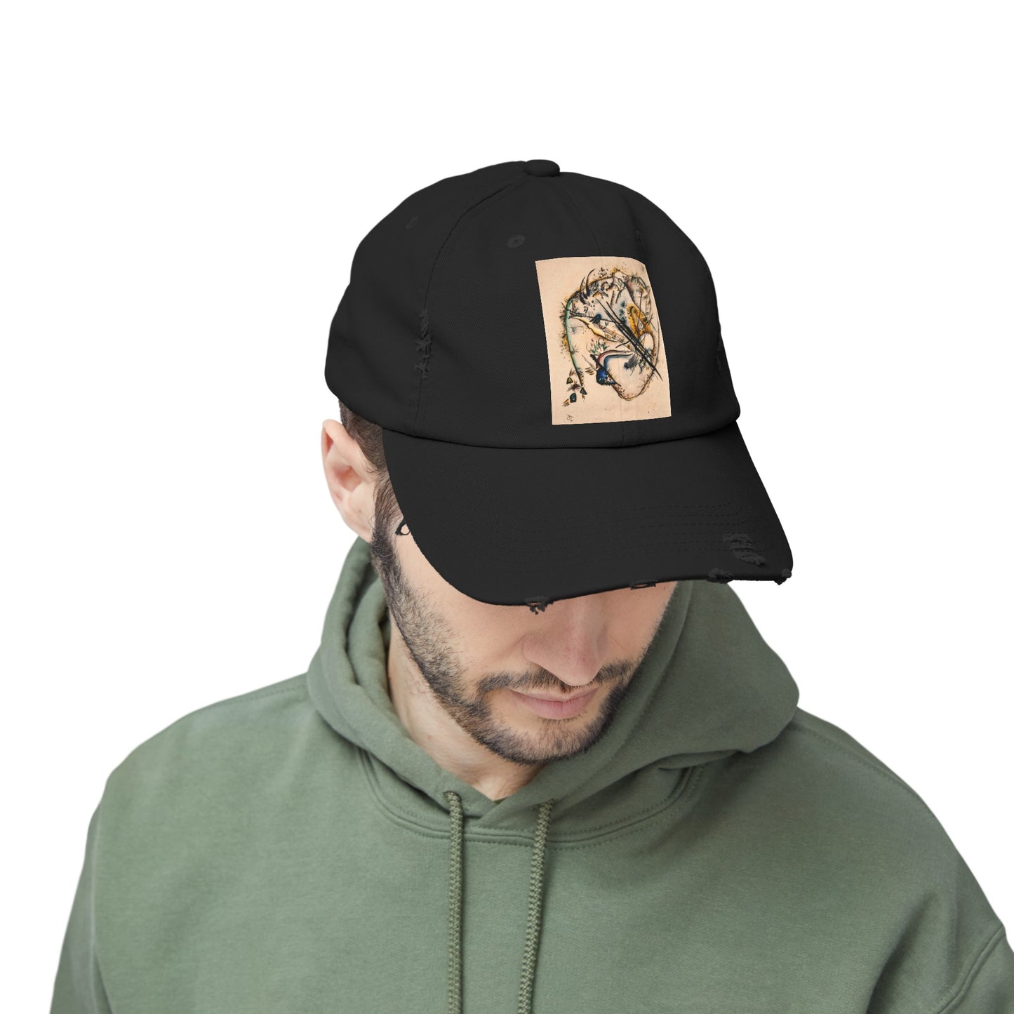 a man wearing a black hat with a picture of a tiger on it