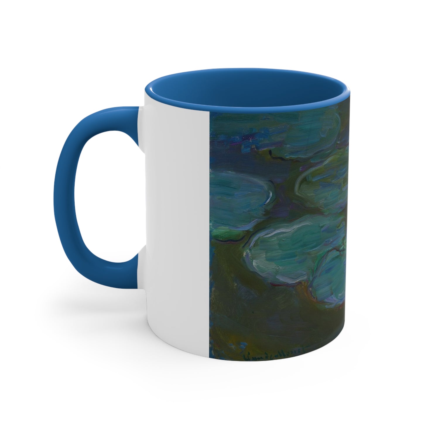 a blue and white coffee mug with a painting on it