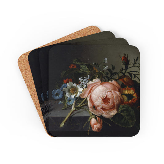 RACHEL RUYSCH - STILL LIFE WITH ROSE BRANCH, BEETLE AND BEE - COASTER SET