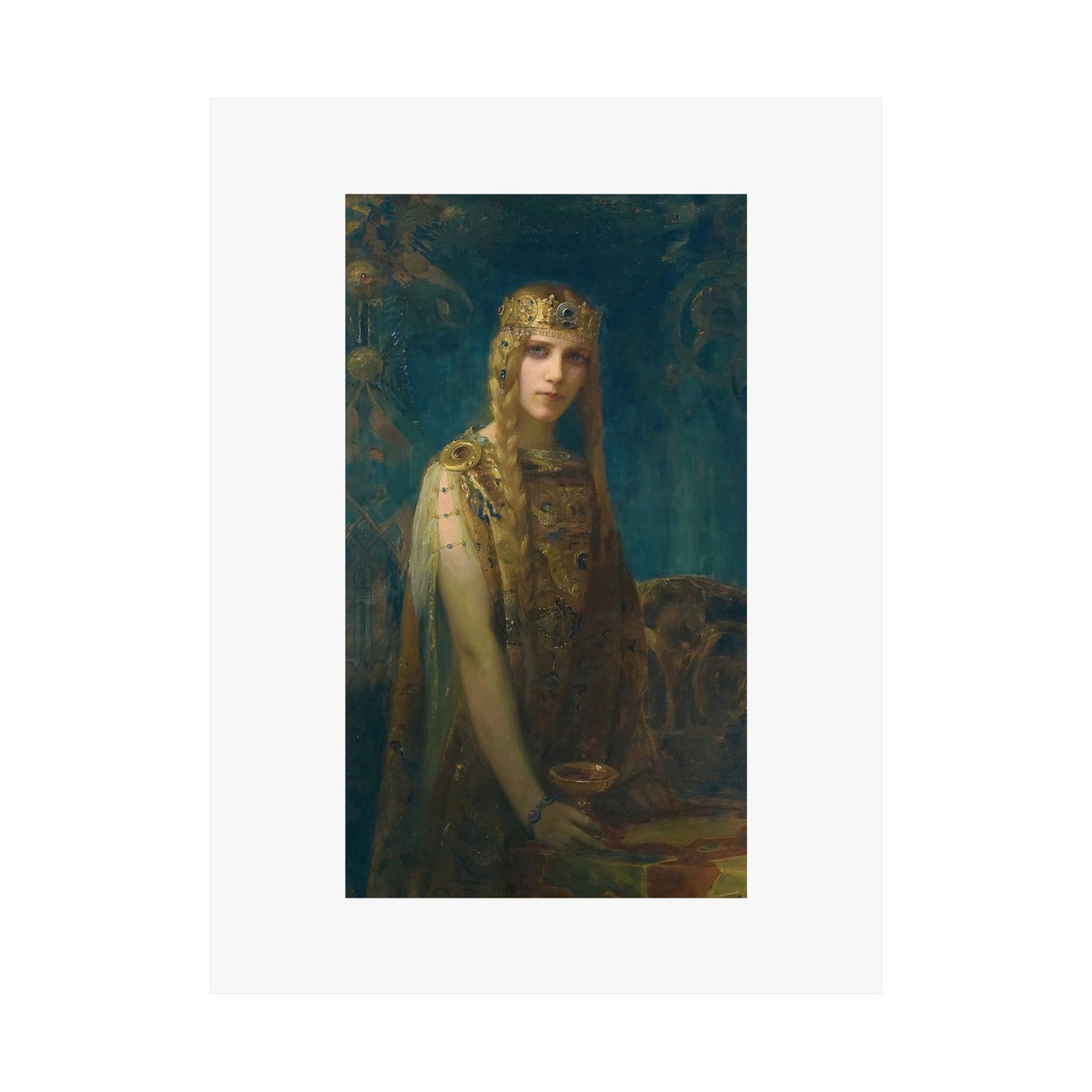 a painting of a woman in a gold dress