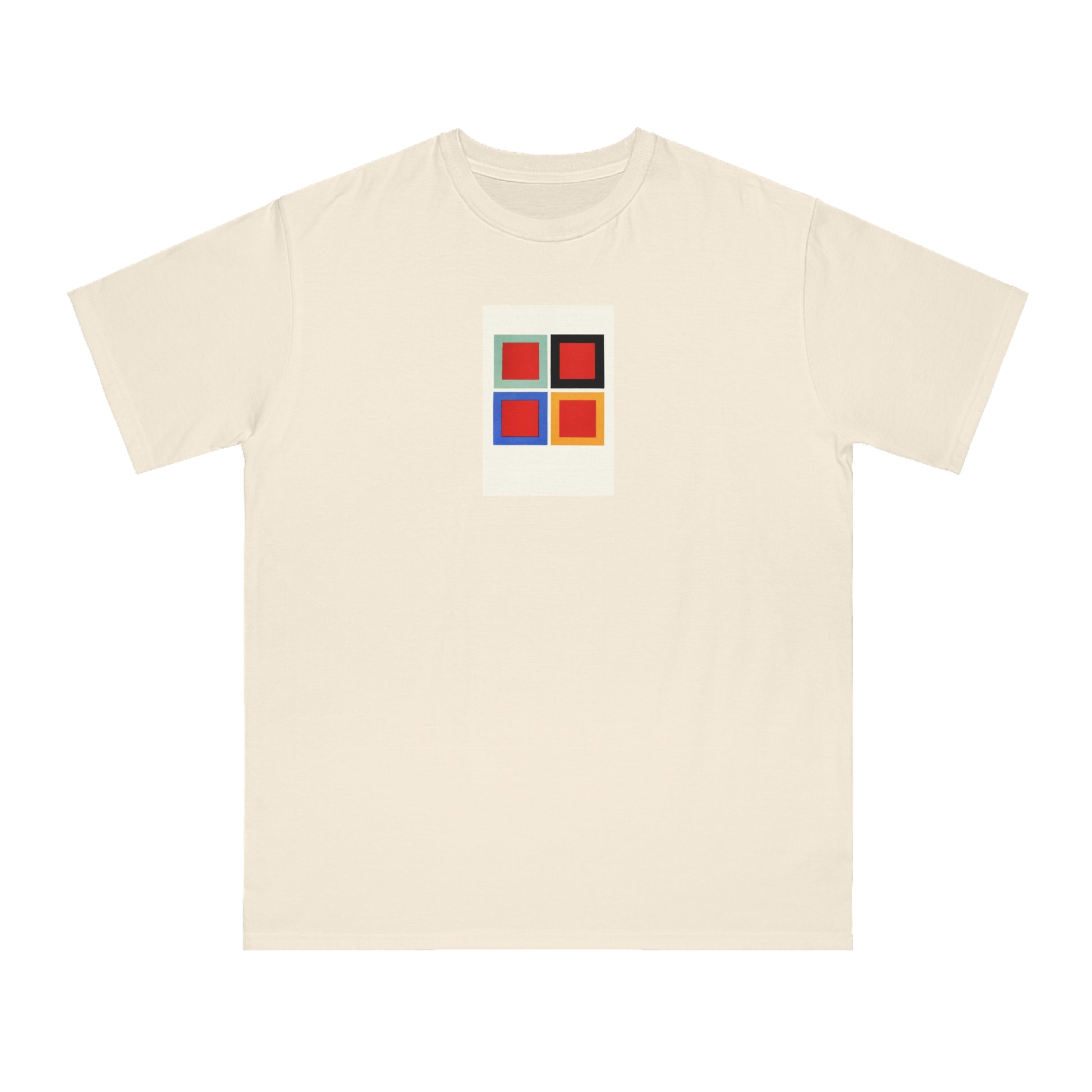 a white t - shirt with a red, orange, and blue square on the