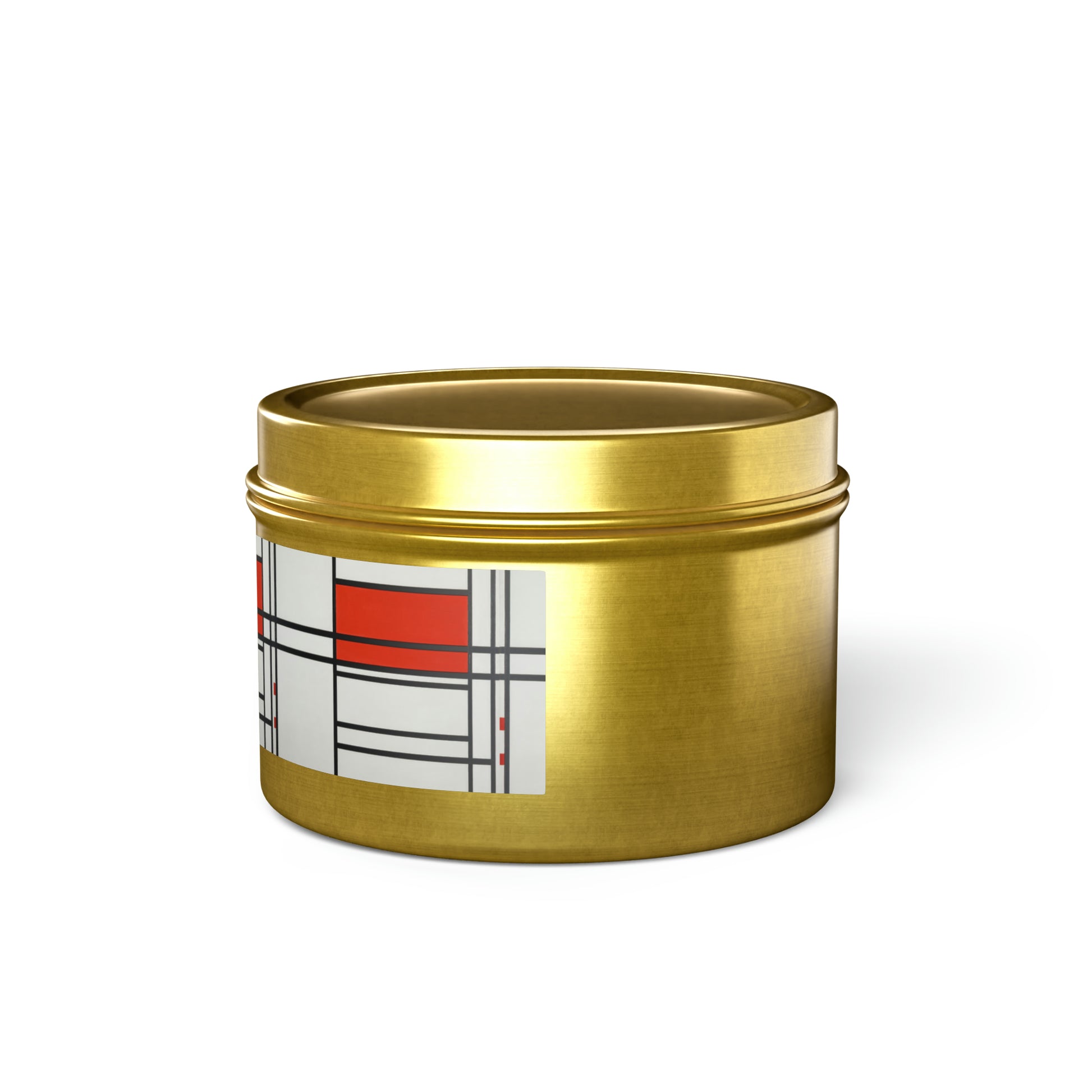 a gold tin with a red, white, and blue design on it