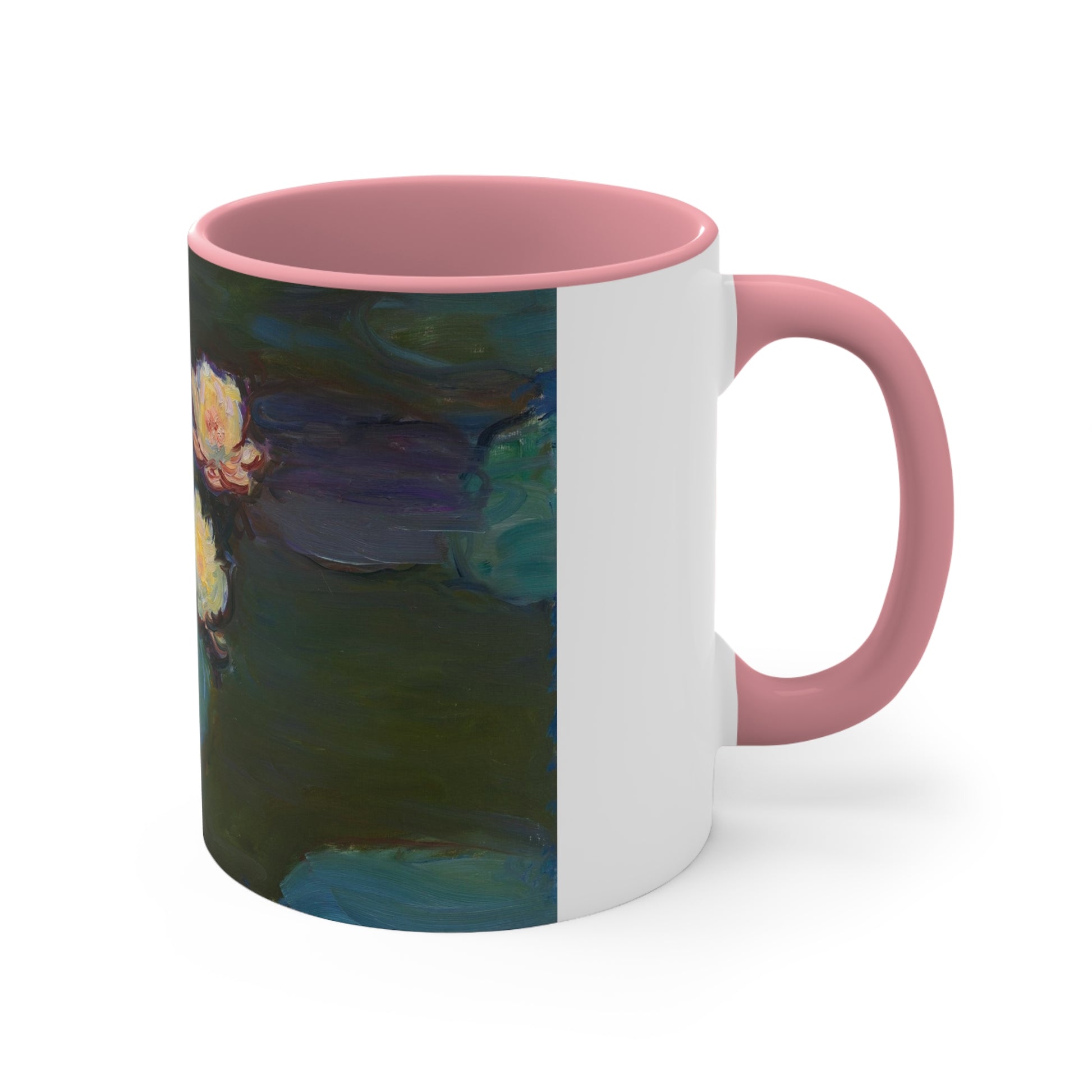a pink and white coffee mug with a painting of a flower